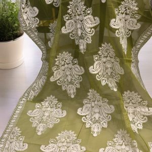 White on Olive Green Embroidered Dupatta