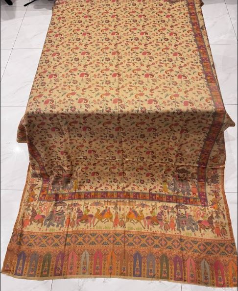Elephant & Peacock Print – Printed Pashmina Shawl in Dark Beige (2.5 Yards)