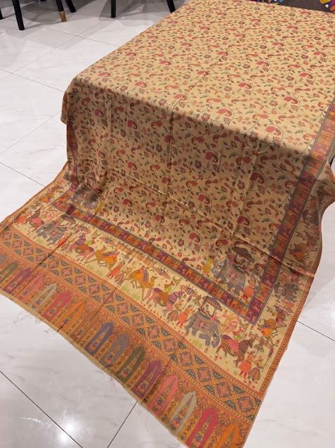 Elephant & Peacock Print – Printed Pashmina Shawl in Dark Beige (2.5 Yards) - Image 3