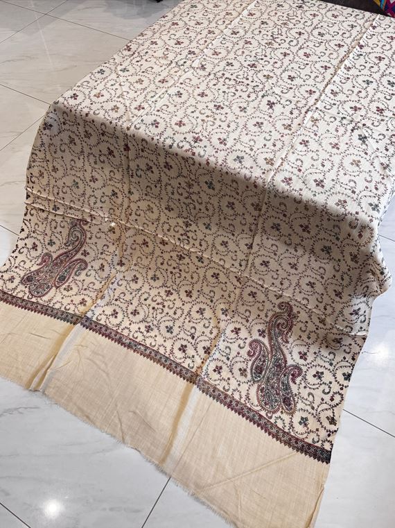 Verdant Elegance – Full Embroidered Pashmina Shawl in Light Beige (2.5 Yards) - Image 3