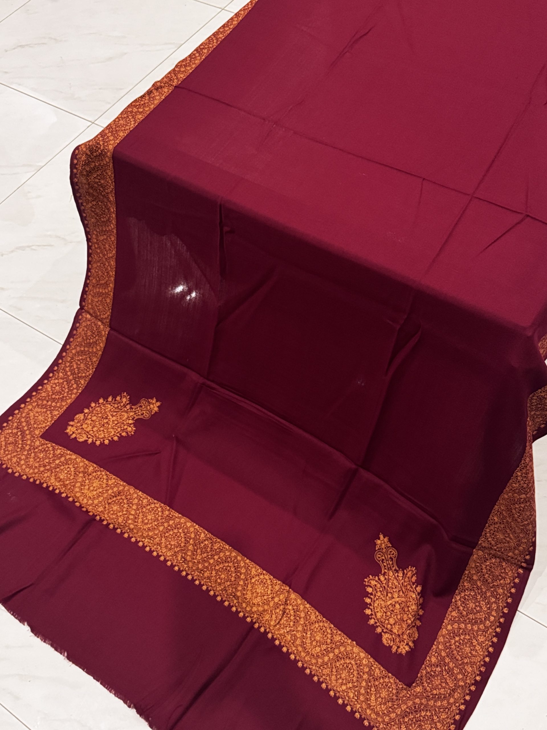 Crimson Leaf – Border Embroidered Pashmina Shawl in Maroon (2.5 Yards) - Image 2