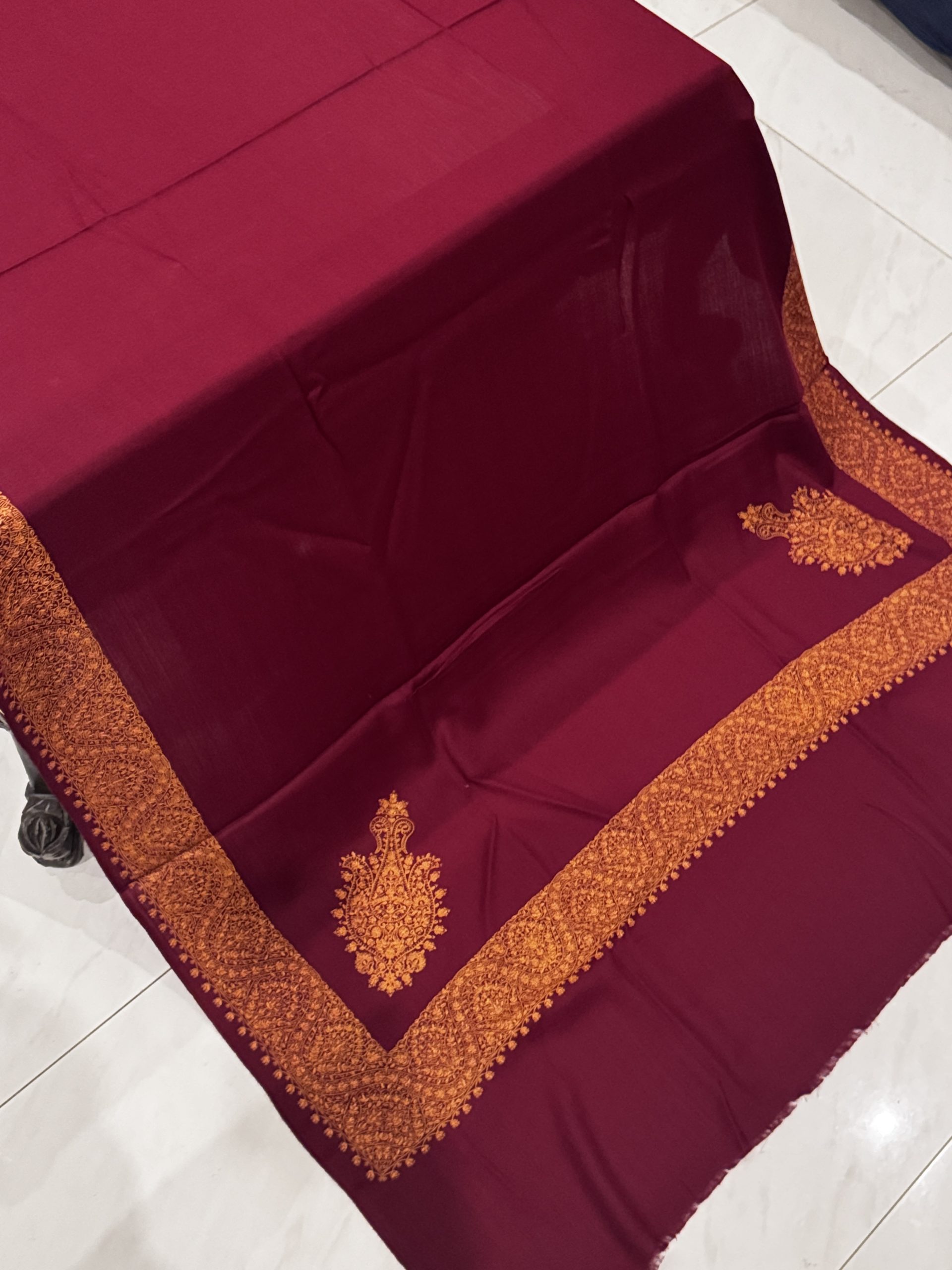 Crimson Leaf – Border Embroidered Pashmina Shawl in Maroon (2.5 Yards)