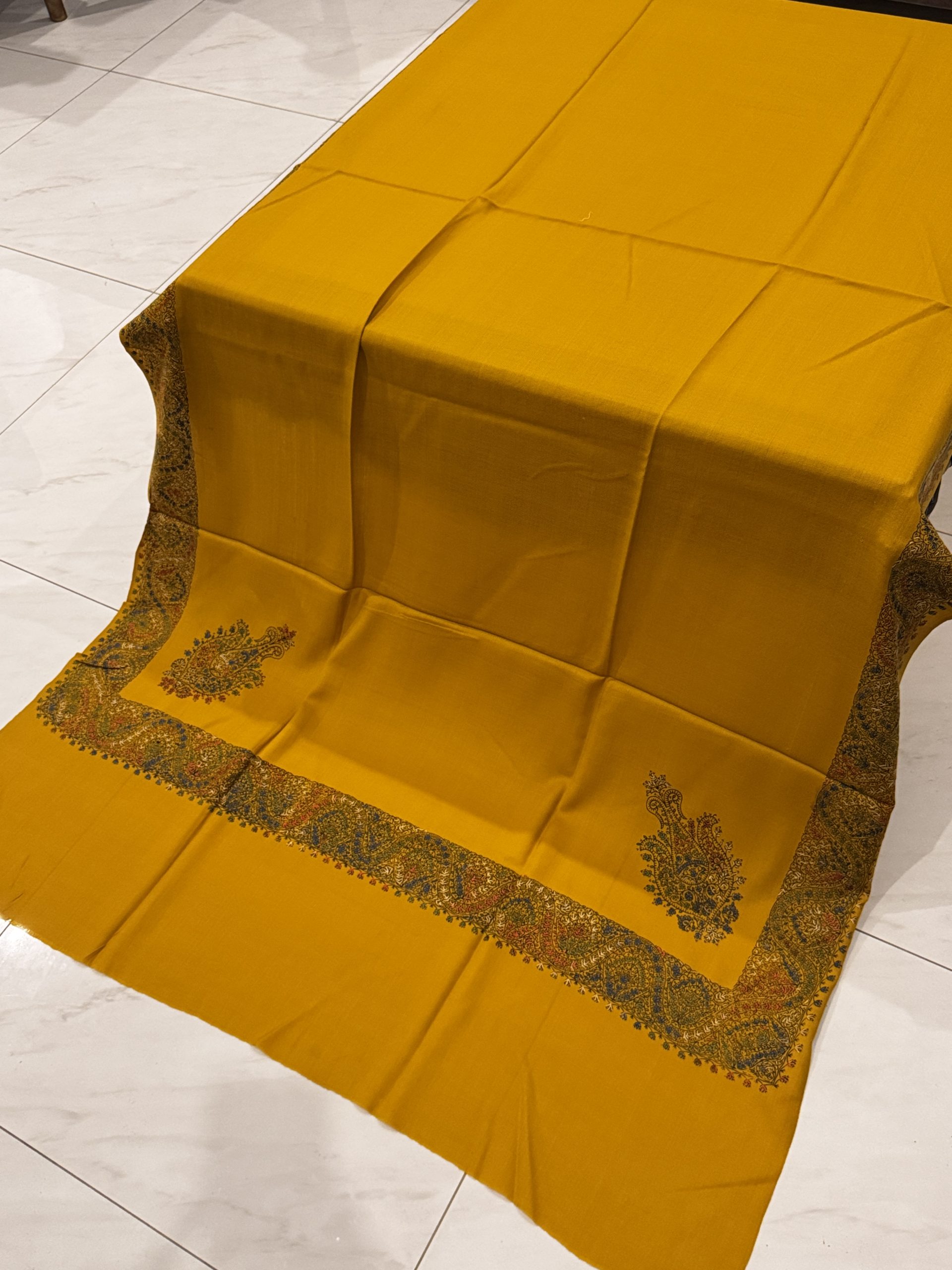 Sunset Bloom – Border Embroidered Pashmina Shawl in Mustard (2.5 Yards)