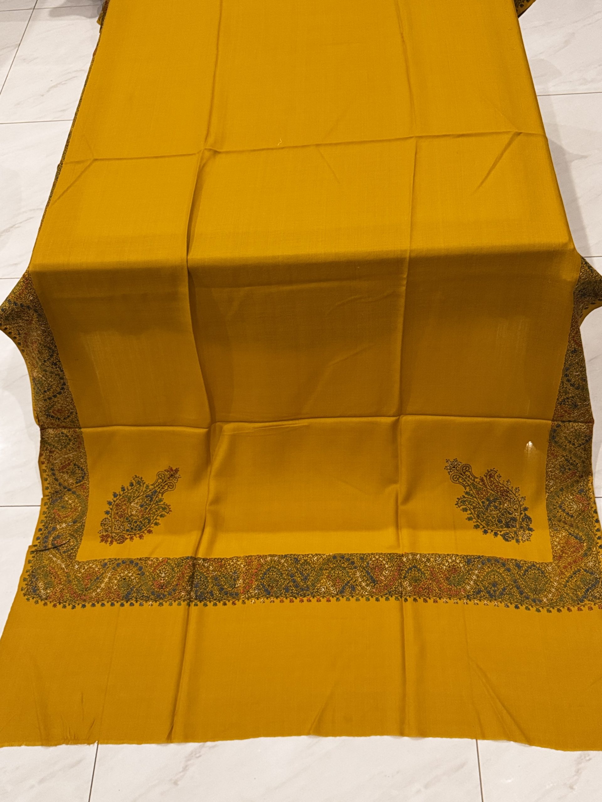 Sunset Bloom – Border Embroidered Pashmina Shawl in Mustard (2.5 Yards) - Image 3