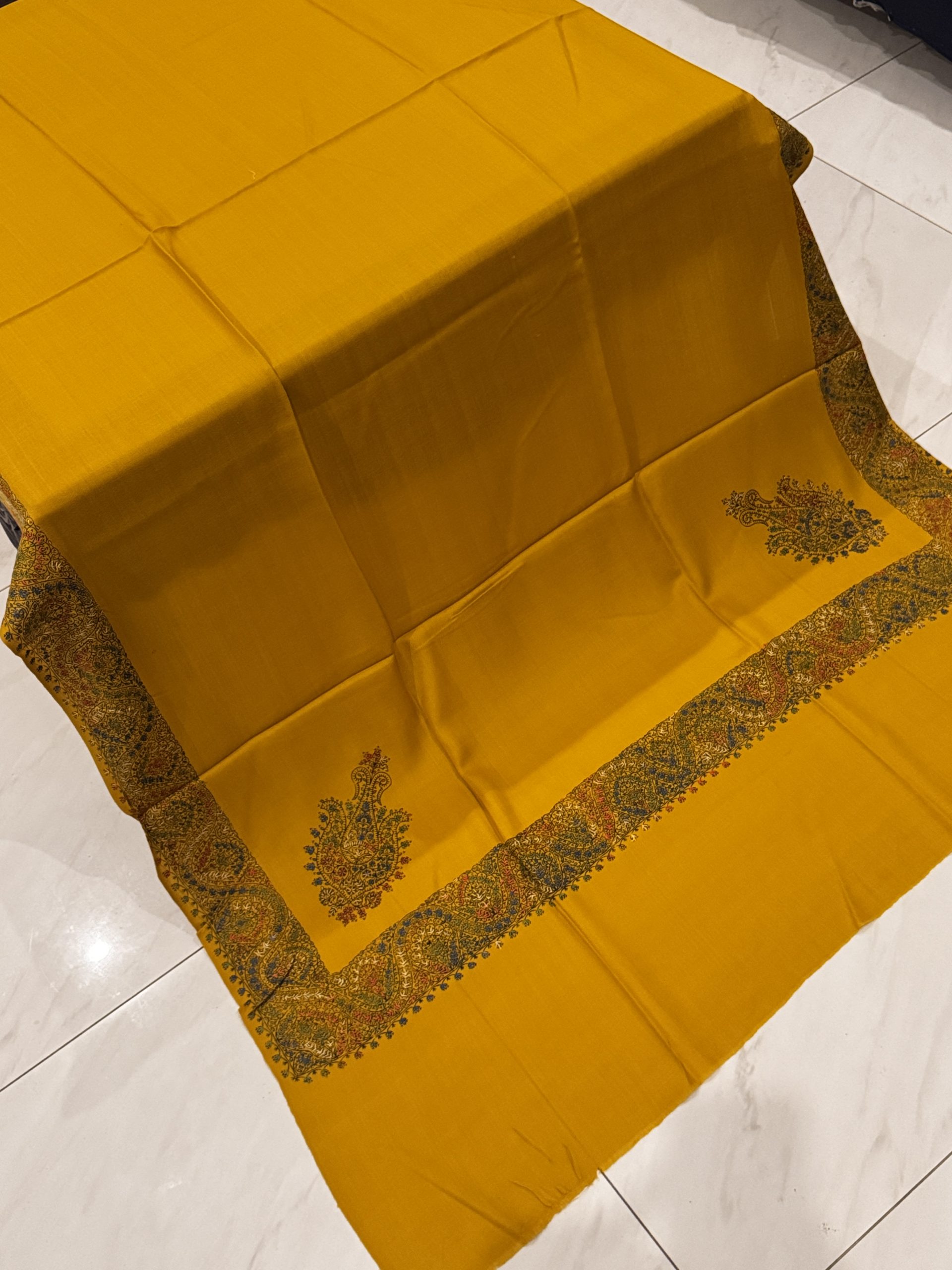 Sunset Bloom – Border Embroidered Pashmina Shawl in Mustard (2.5 Yards) - Image 2