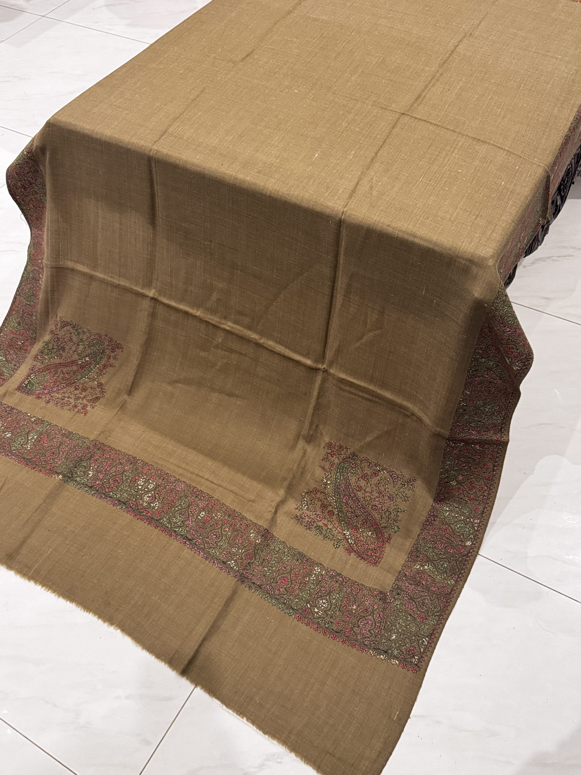 Autumn Radiance – Border Embroidered Pashmina Shawl in Dark Brown Beige (2.5 Yards) - Image 2