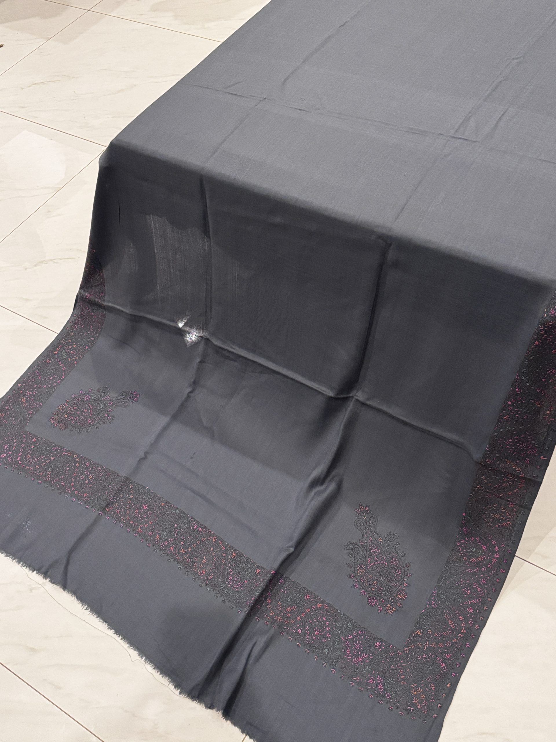 Smoke Bloom – Border Embroidered Pashmina Shawl in Grey (2.5 Yards) - Image 3