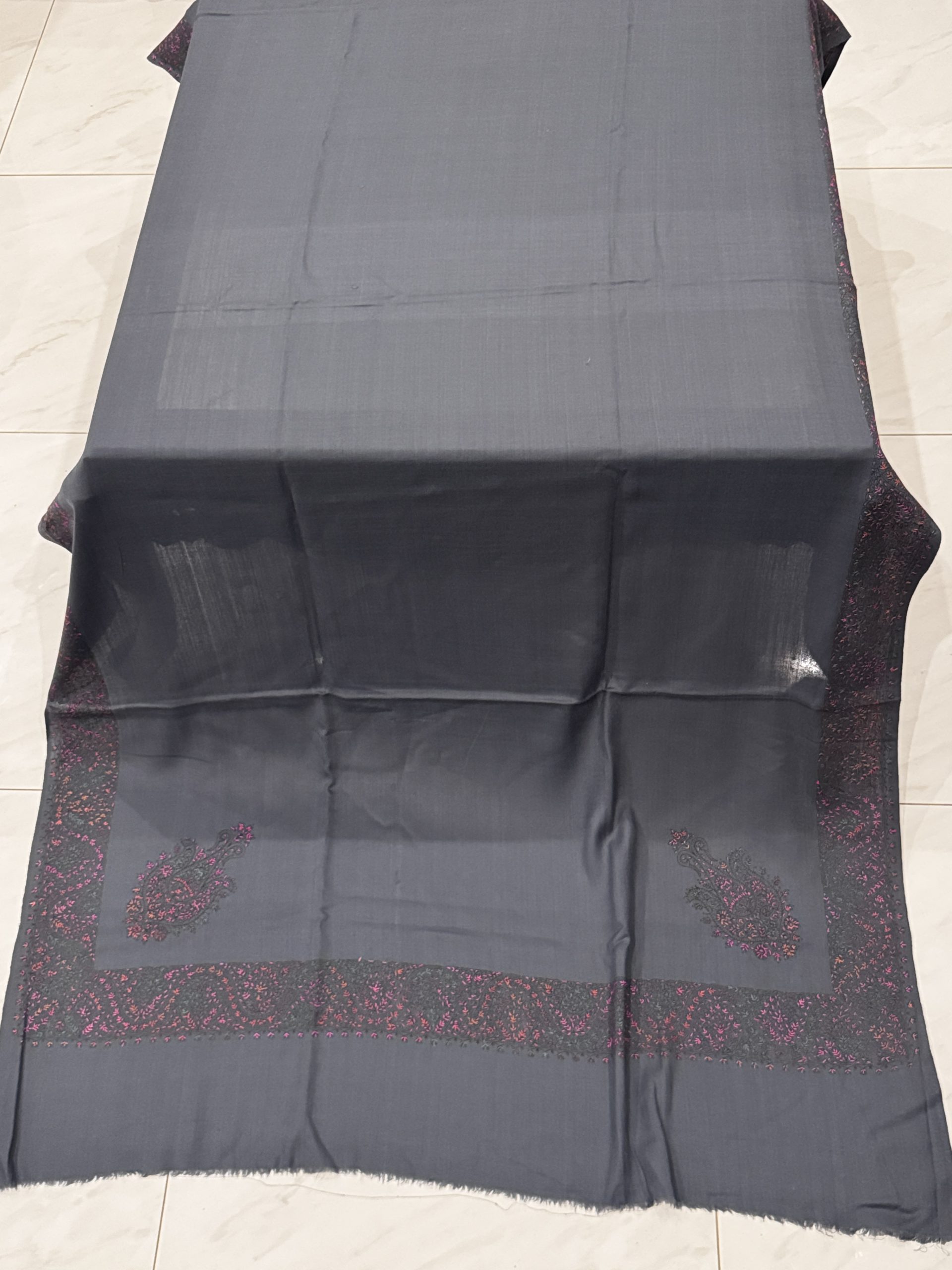 Smoke Bloom – Border Embroidered Pashmina Shawl in Grey (2.5 Yards)