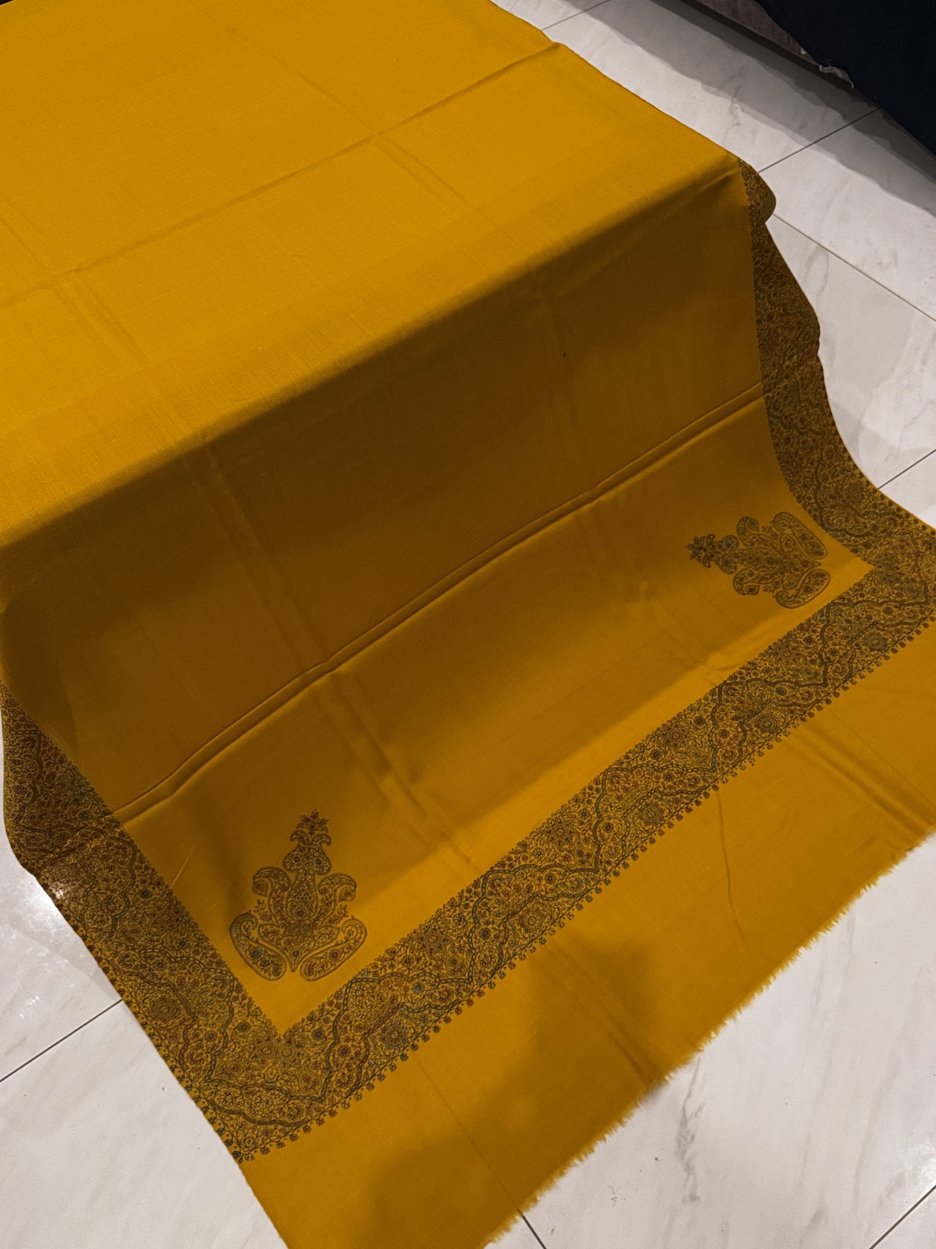 Golden Bloom – Border Embroidered Pashmina Shawl in Mustard (2.5 Yards) - Image 3