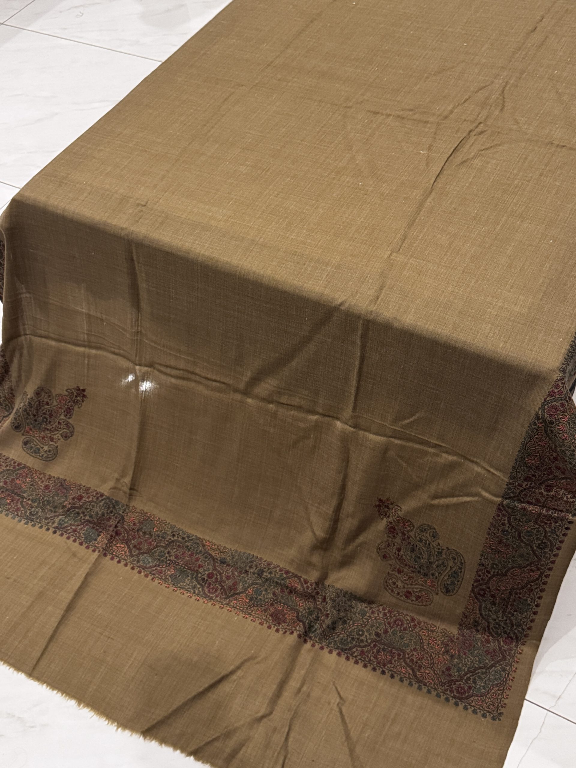 Winter Grace – Border Embroidered Pashmina Shawl in Dark Brown Beige (2.5 Yards)