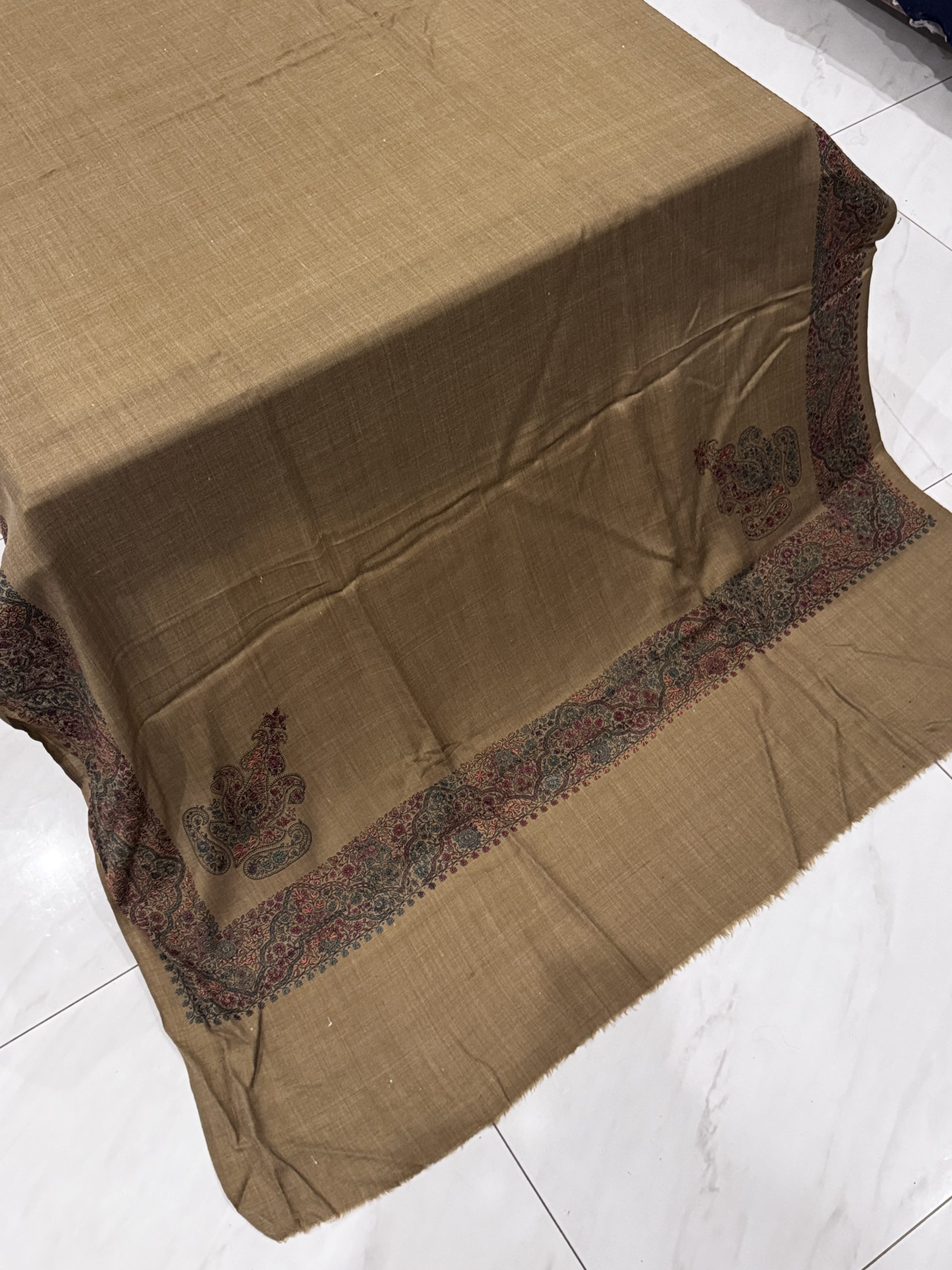 Winter Grace – Border Embroidered Pashmina Shawl in Dark Brown Beige (2.5 Yards) - Image 3