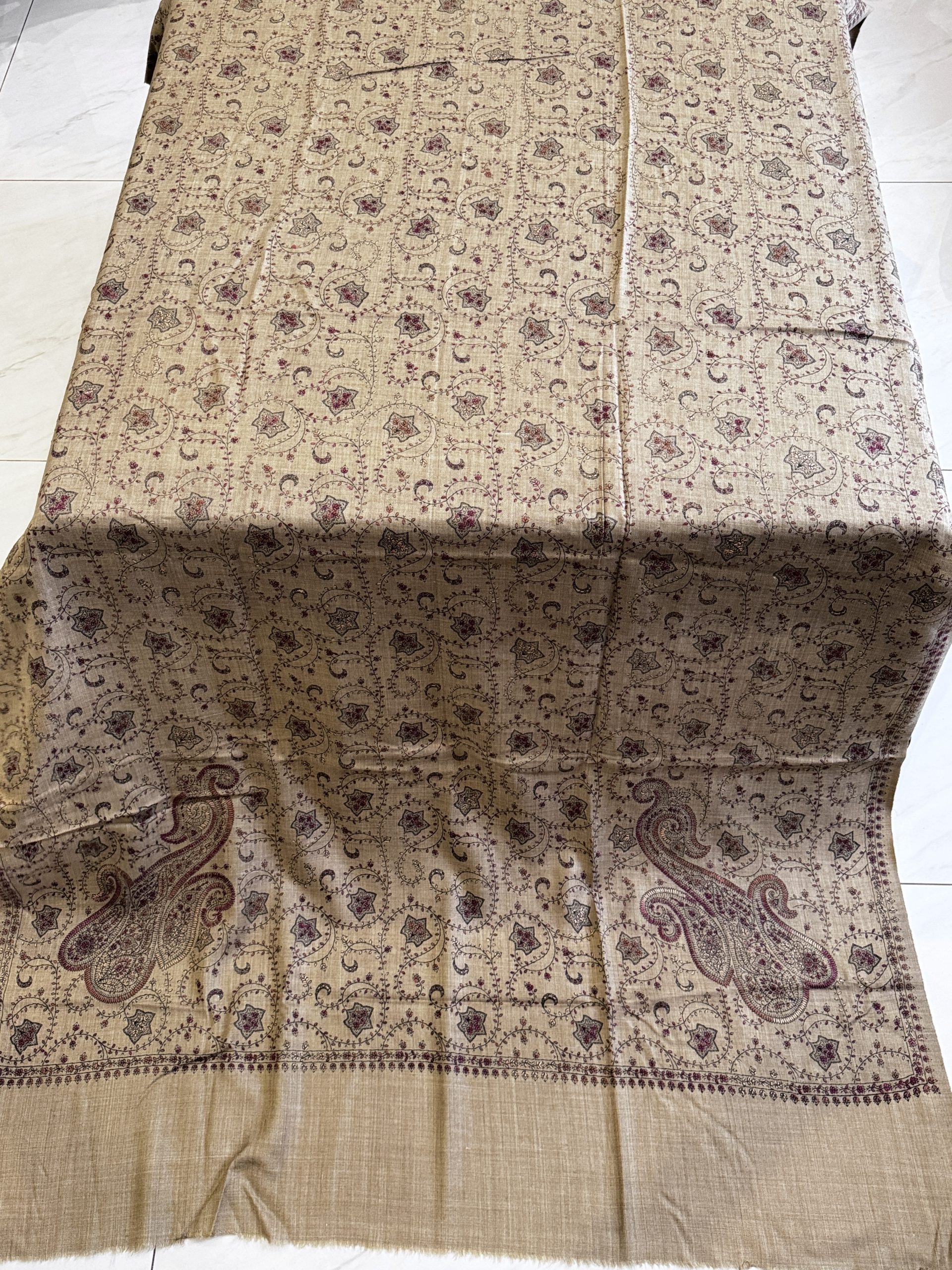 Zarqa – Fully Embroidered Pashmina Shawl in Dark Beige (2.5 Yards) - Image 2