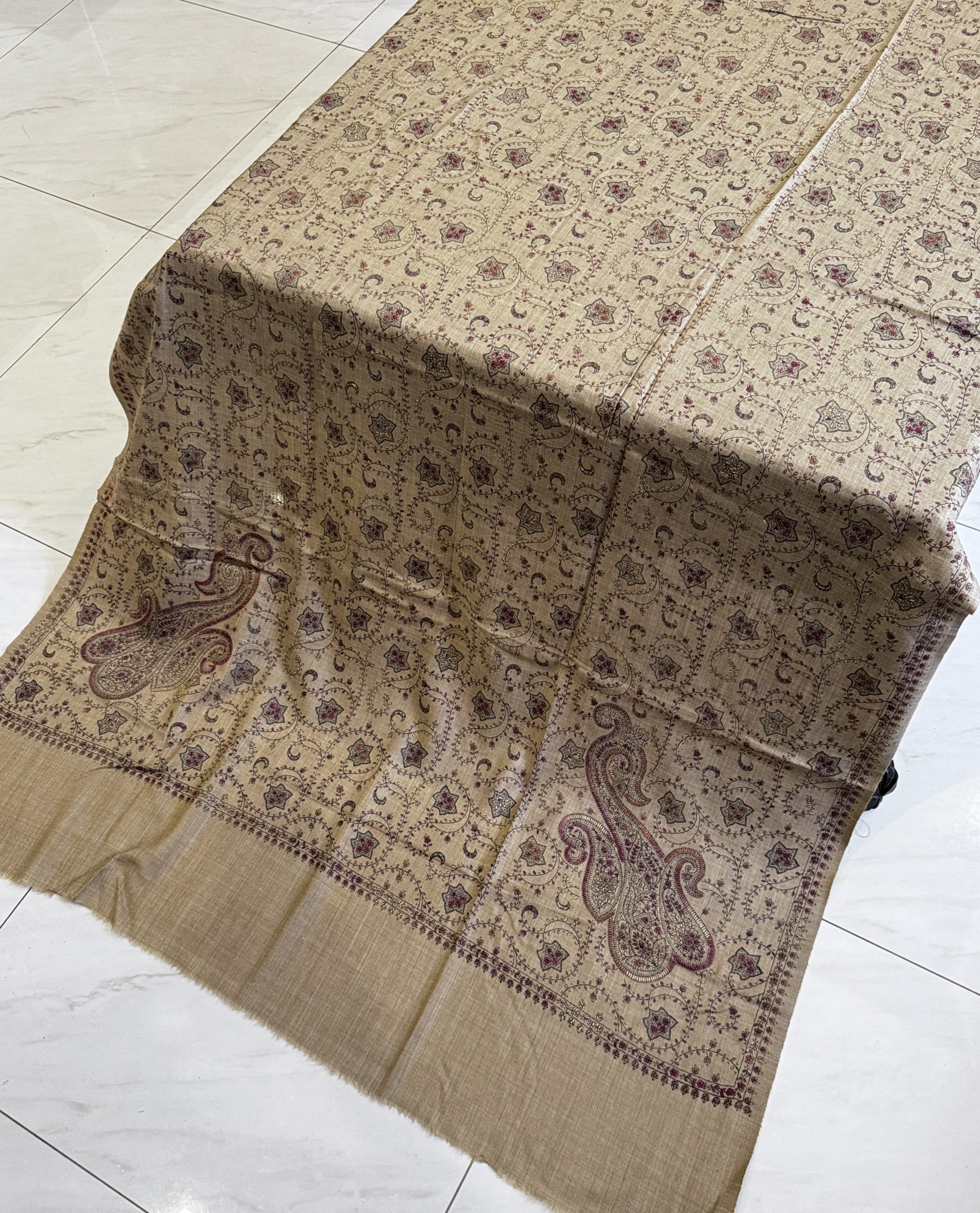 Zarqa – Fully Embroidered Pashmina Shawl in Dark Beige (2.5 Yards)
