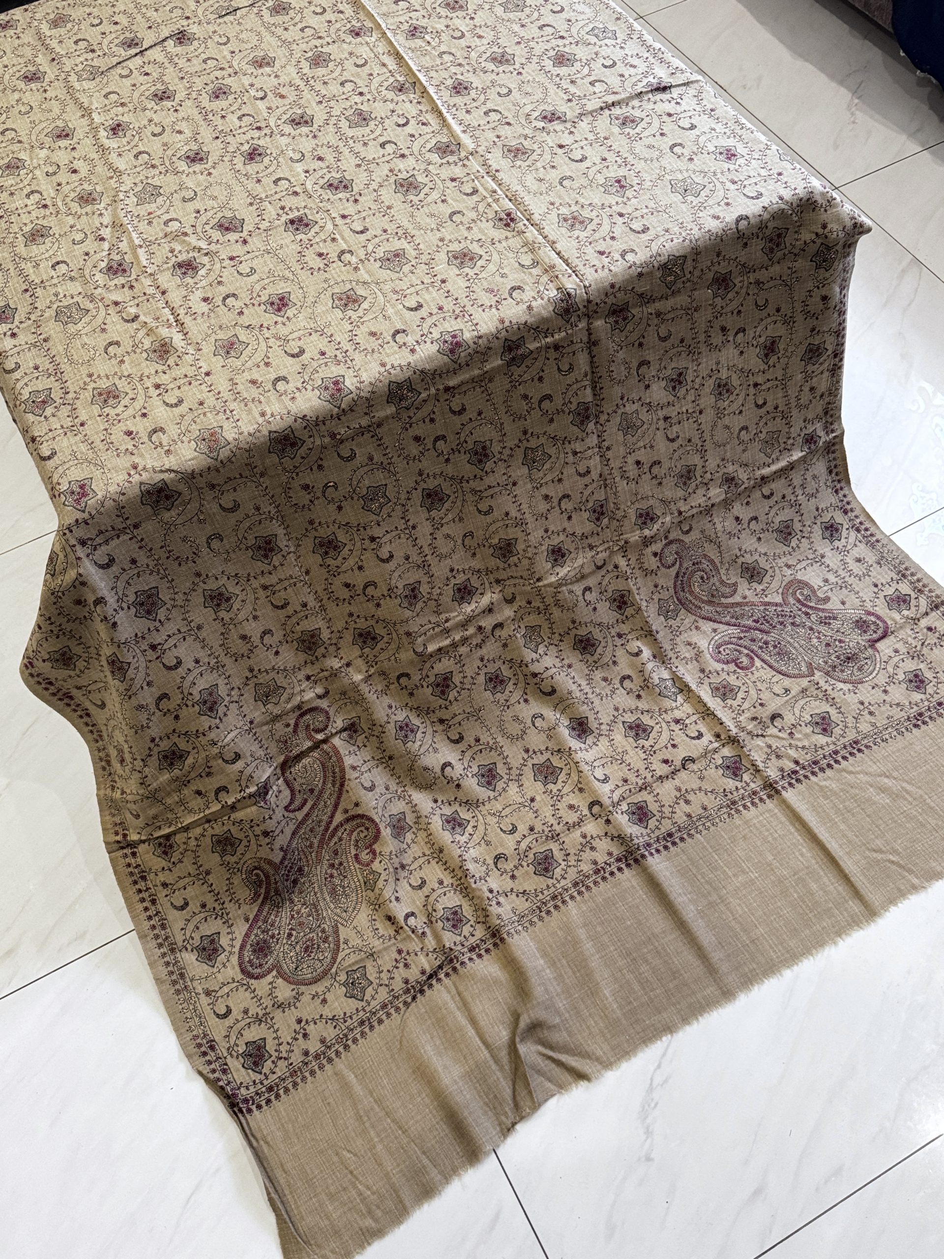 Zarqa – Fully Embroidered Pashmina Shawl in Dark Beige (2.5 Yards) - Image 3
