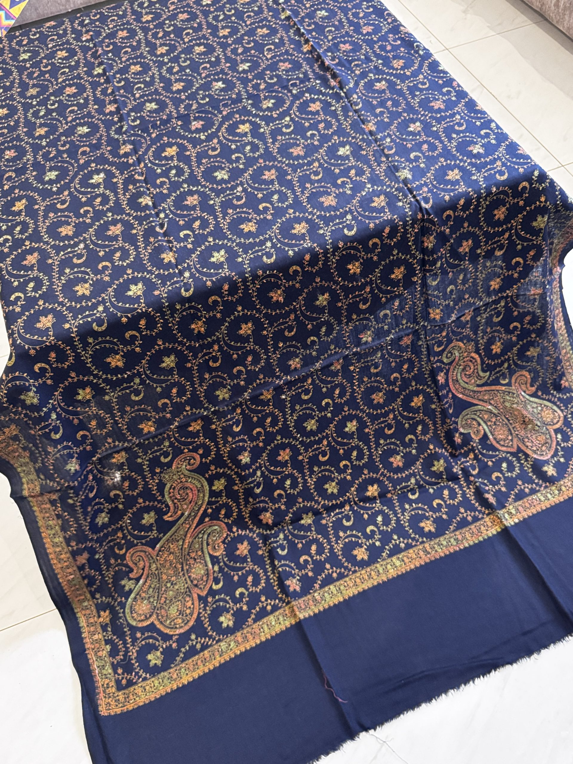 Shamail – Fully Embroidered Pashmina Shawl in Navy Blue (2.5 Yards) - Image 2