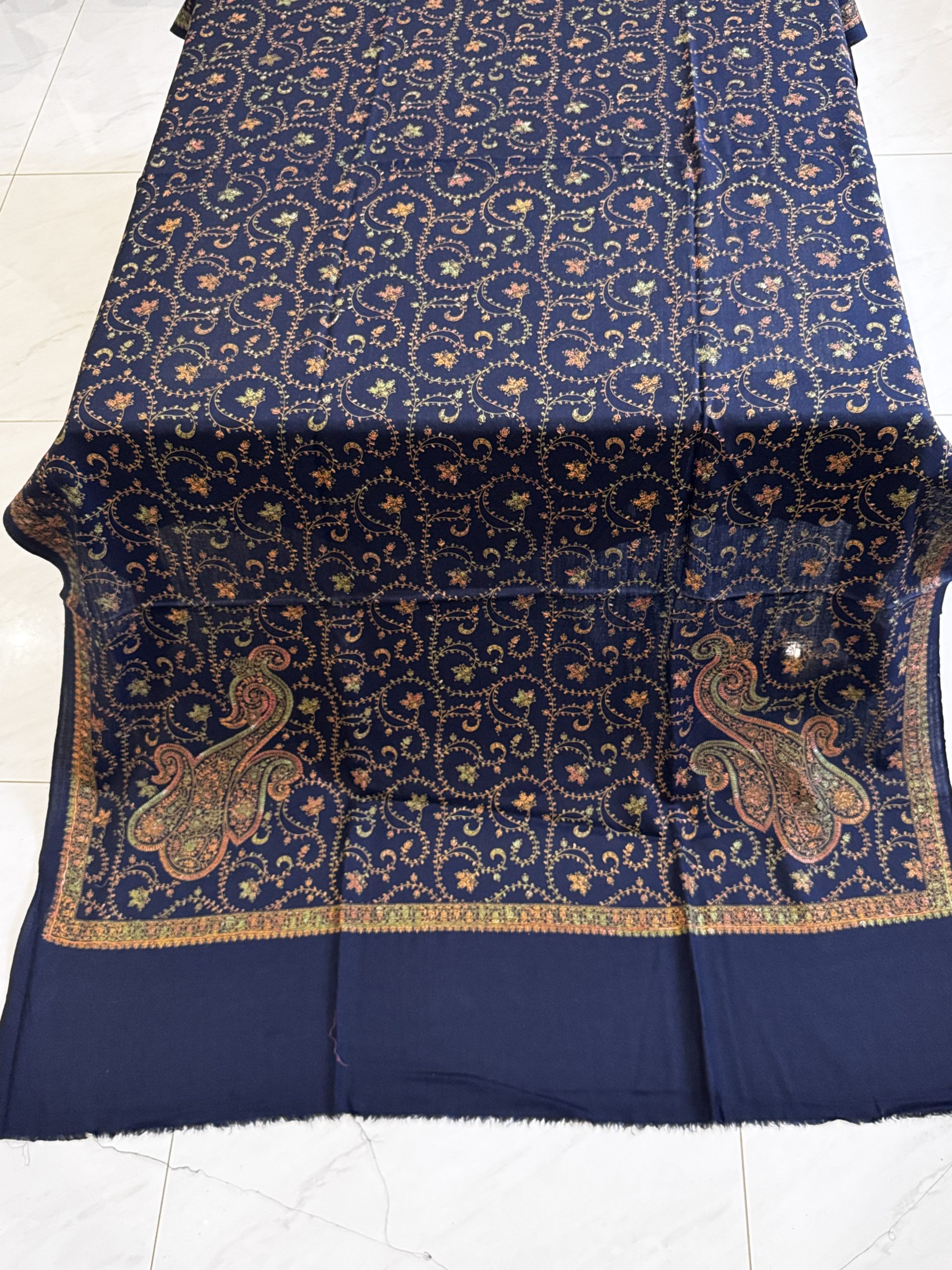 Shamail – Fully Embroidered Pashmina Shawl in Navy Blue (2.5 Yards)