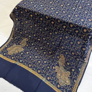 Midnight Leaf – Fully Embroidered Pashmina Shawl in Navy Blue (2.5 Yards)