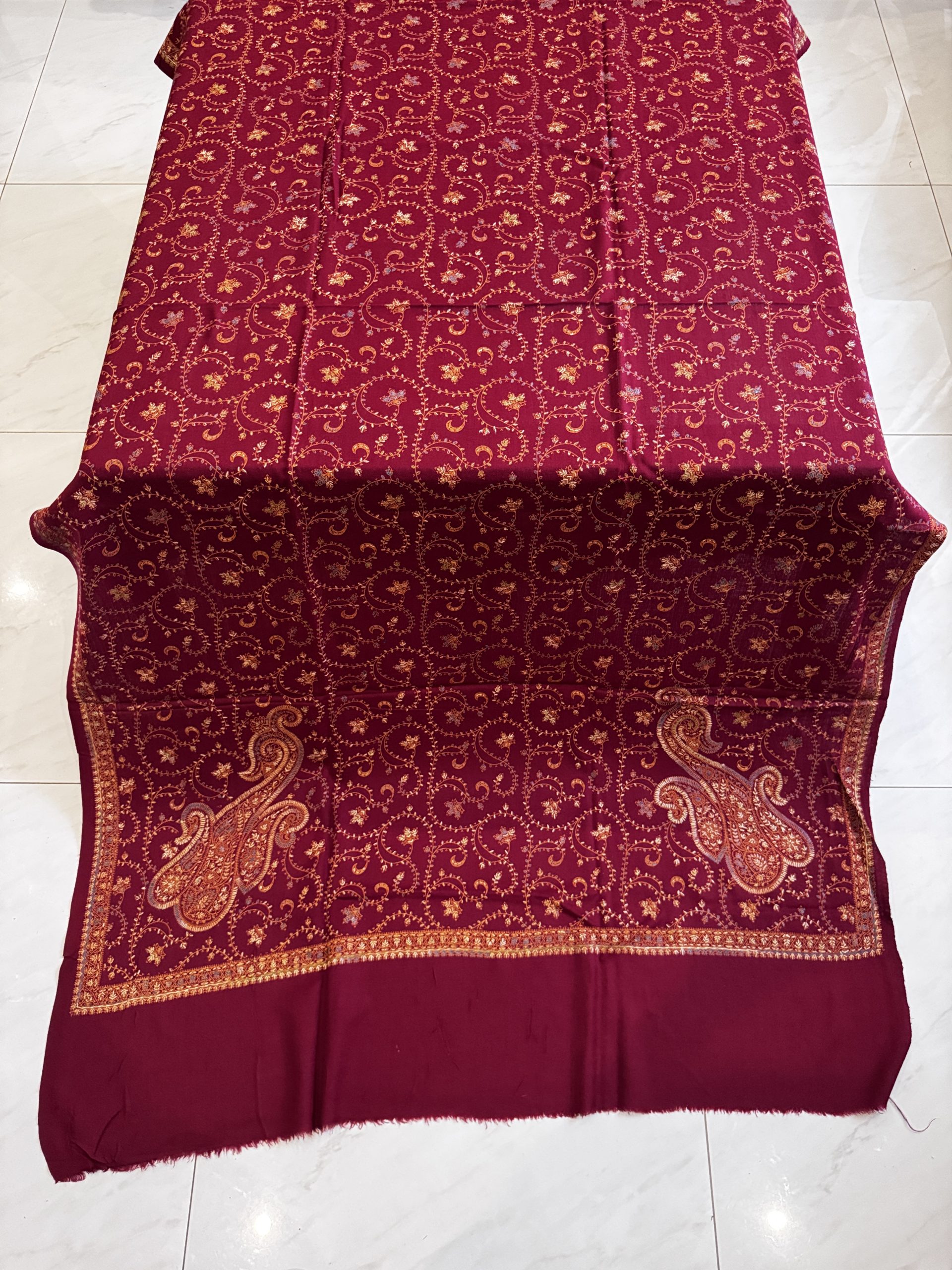 Velvet Leaf – Fully Embroidered Pashmina Shawl in Maroon (2.5 Yards) - Image 3