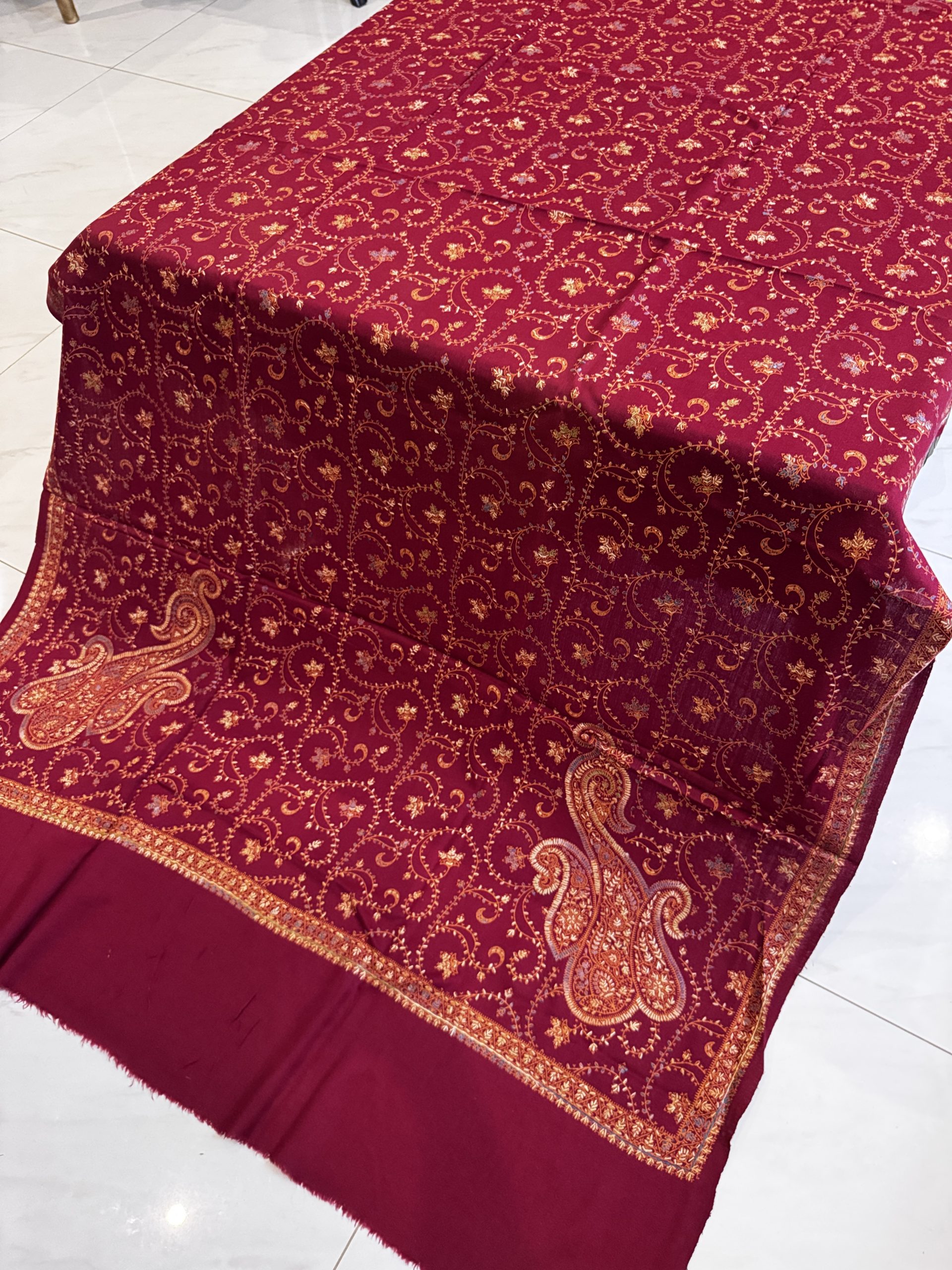 Velvet Leaf – Fully Embroidered Pashmina Shawl in Maroon (2.5 Yards) - Image 2