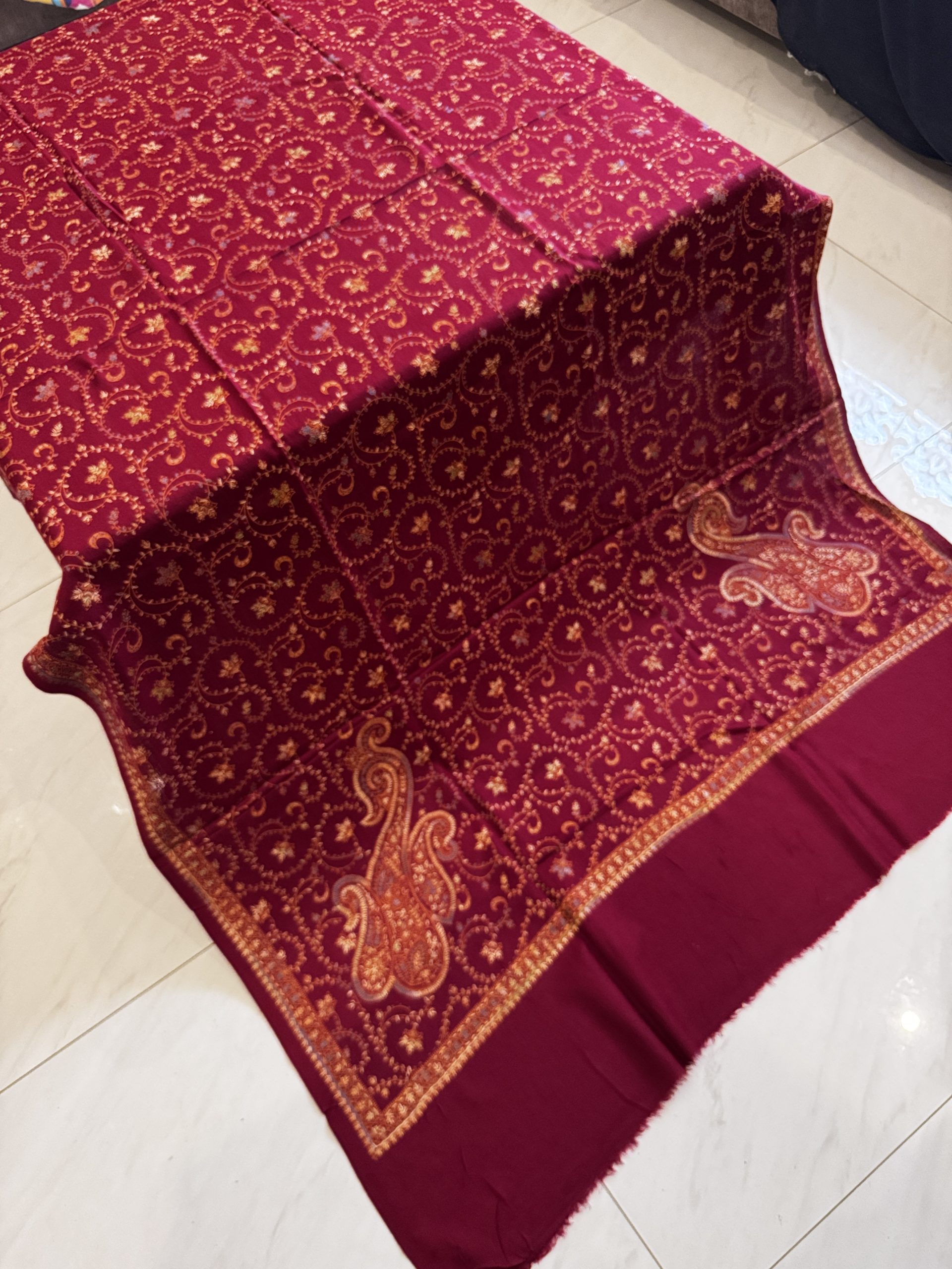 Velvet Leaf – Fully Embroidered Pashmina Shawl in Maroon (2.5 Yards)