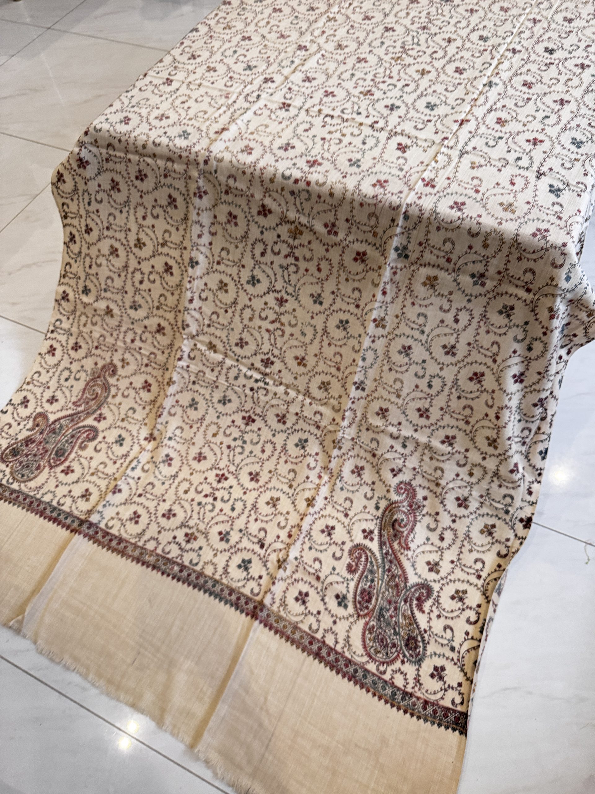 Ivory Bloom – Fully Embroidered Pashmina Shawl in Light Beige (2.5 Yards) - Image 2
