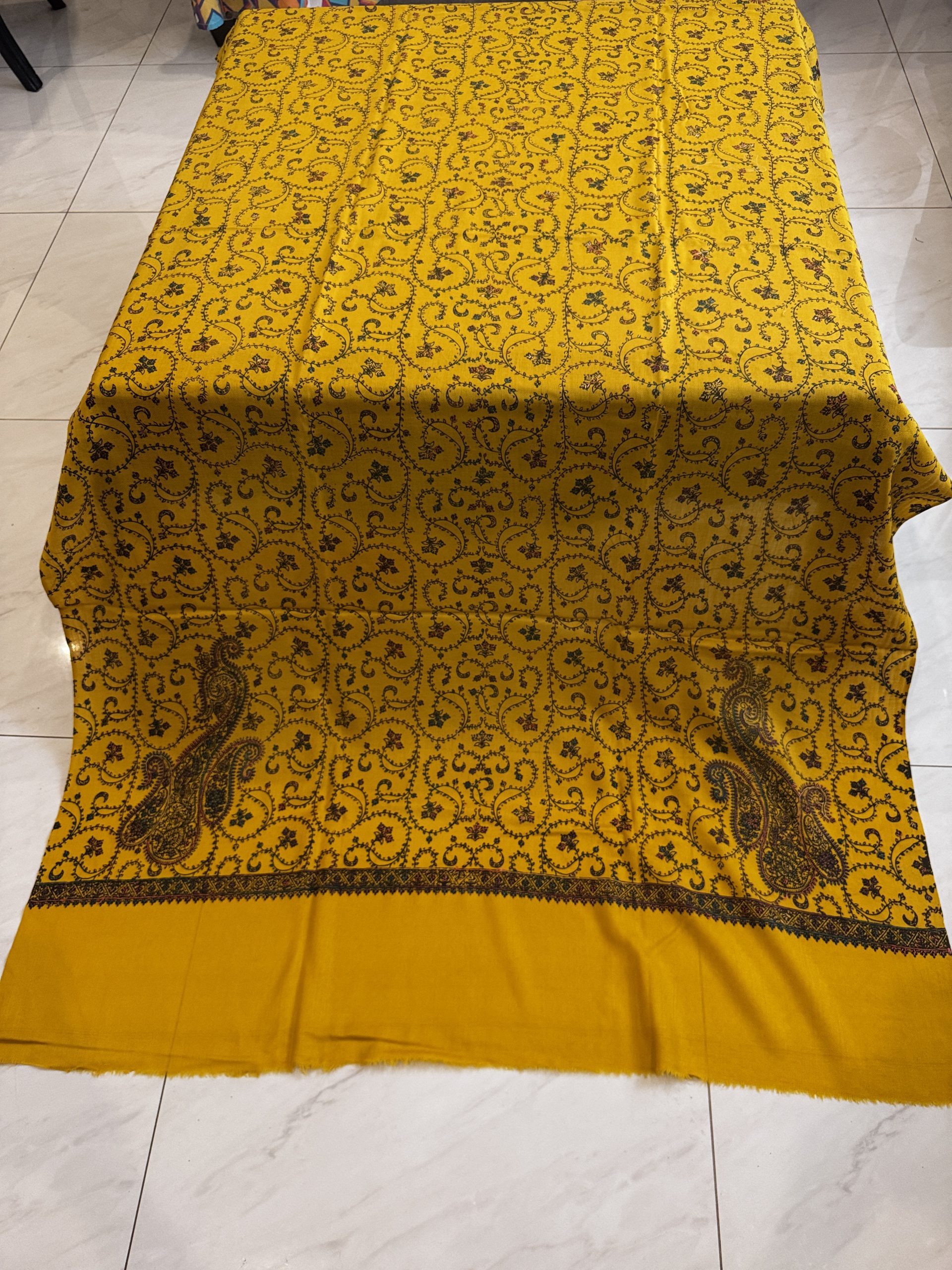 Golden Flora – Fully Embroidered Pashmina Shawl in Mustard Yellow (2.5 Yards) - Image 2