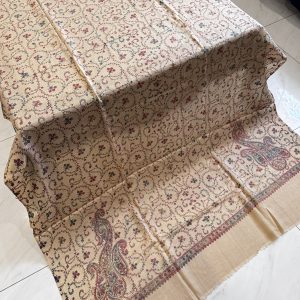 Ivory Leaf – Fully Embroidered Pashmina Shawl in Light Beige (2.5 Yards)