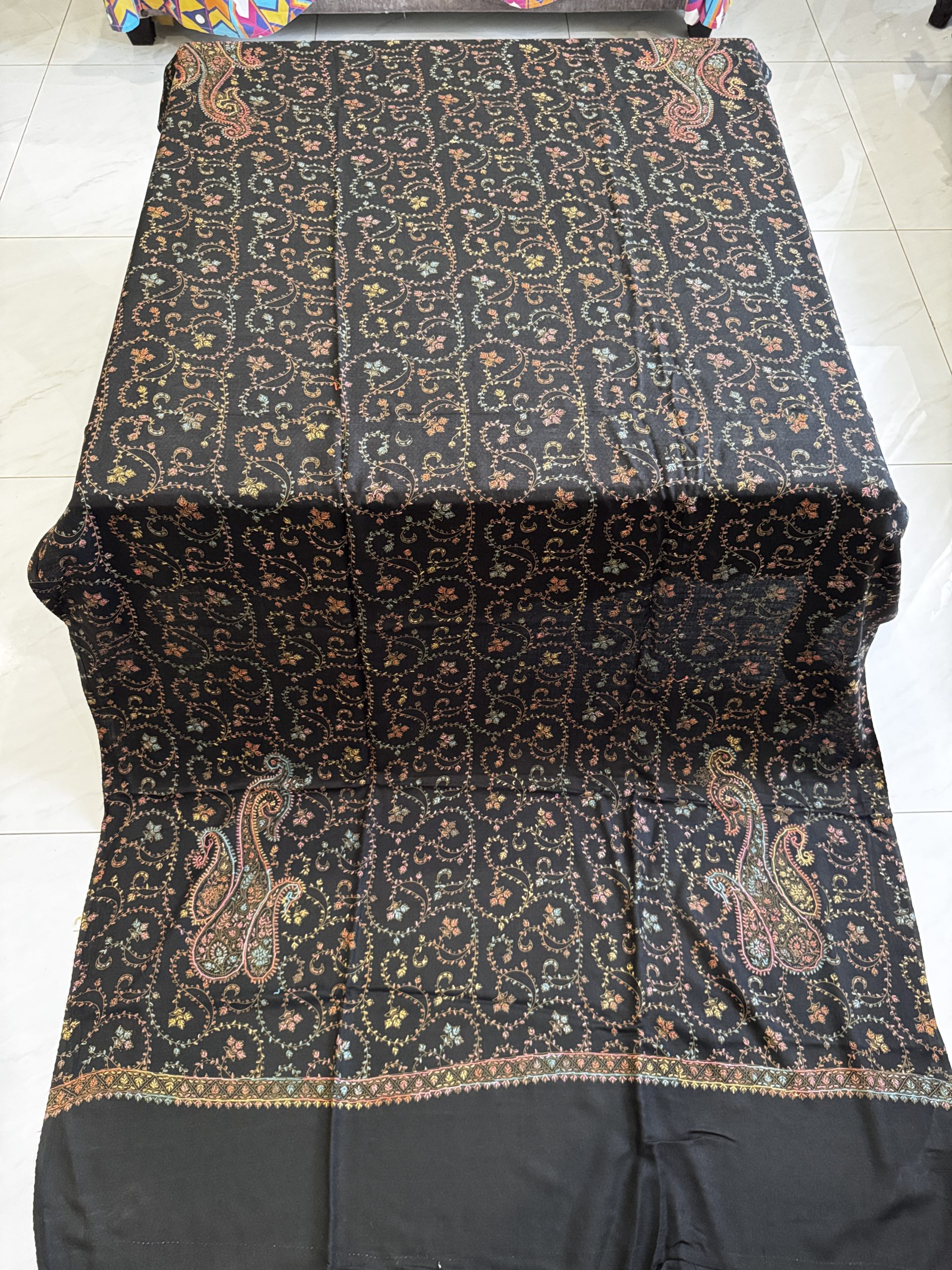 Noir Bloom – Fully Embroidered Pashmina Shawl in Black (2.5 Yards) - Image 2