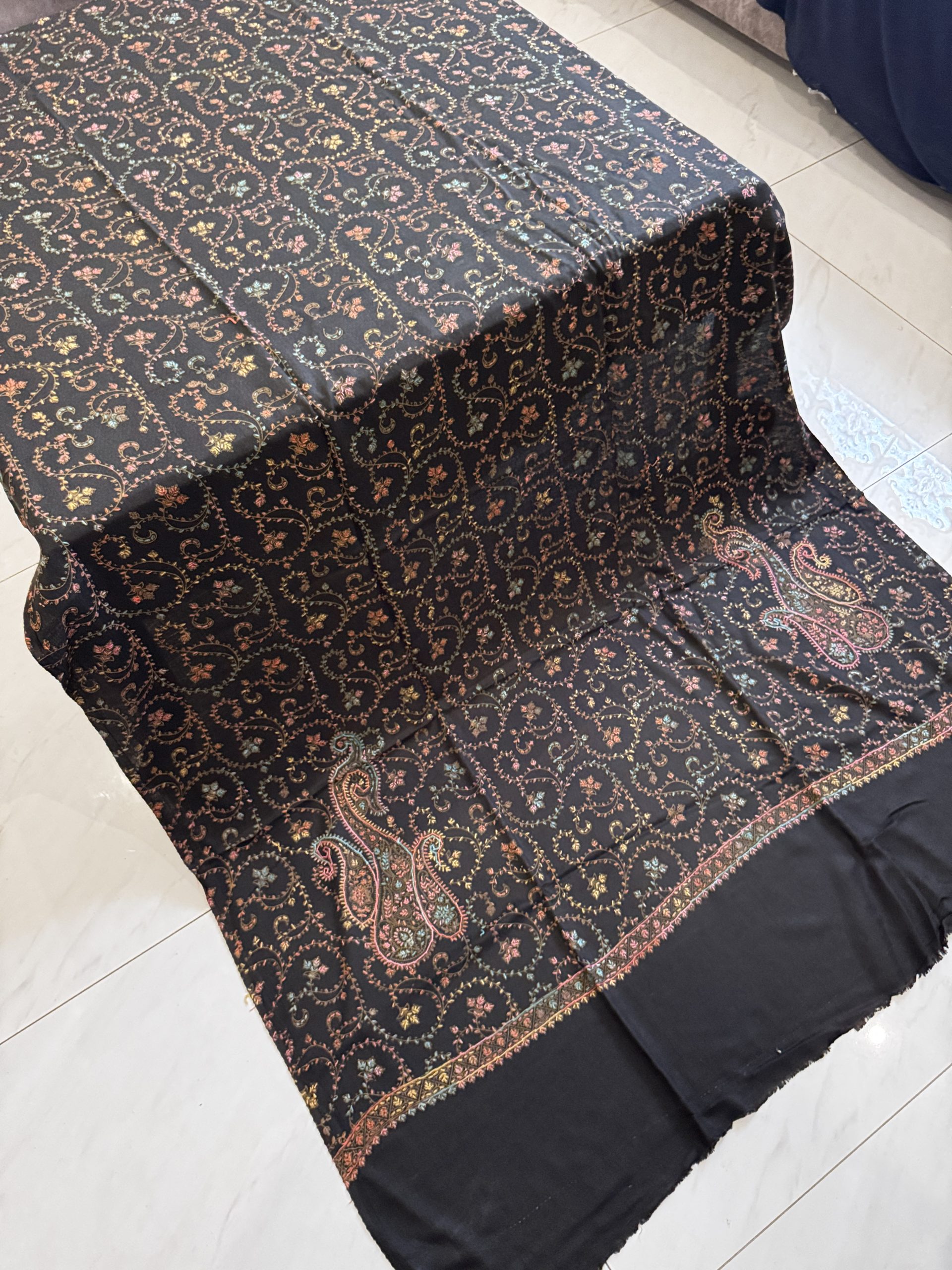 Noir Bloom – Fully Embroidered Pashmina Shawl in Black (2.5 Yards) - Image 3