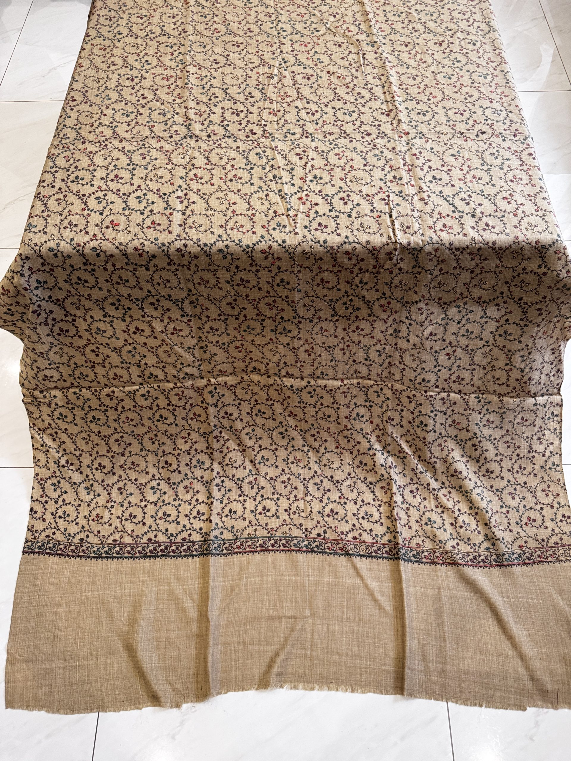 Timeless Harmony – Fully Embroidered Pashmina Shawl in Dark Beige (2.5 Yards)