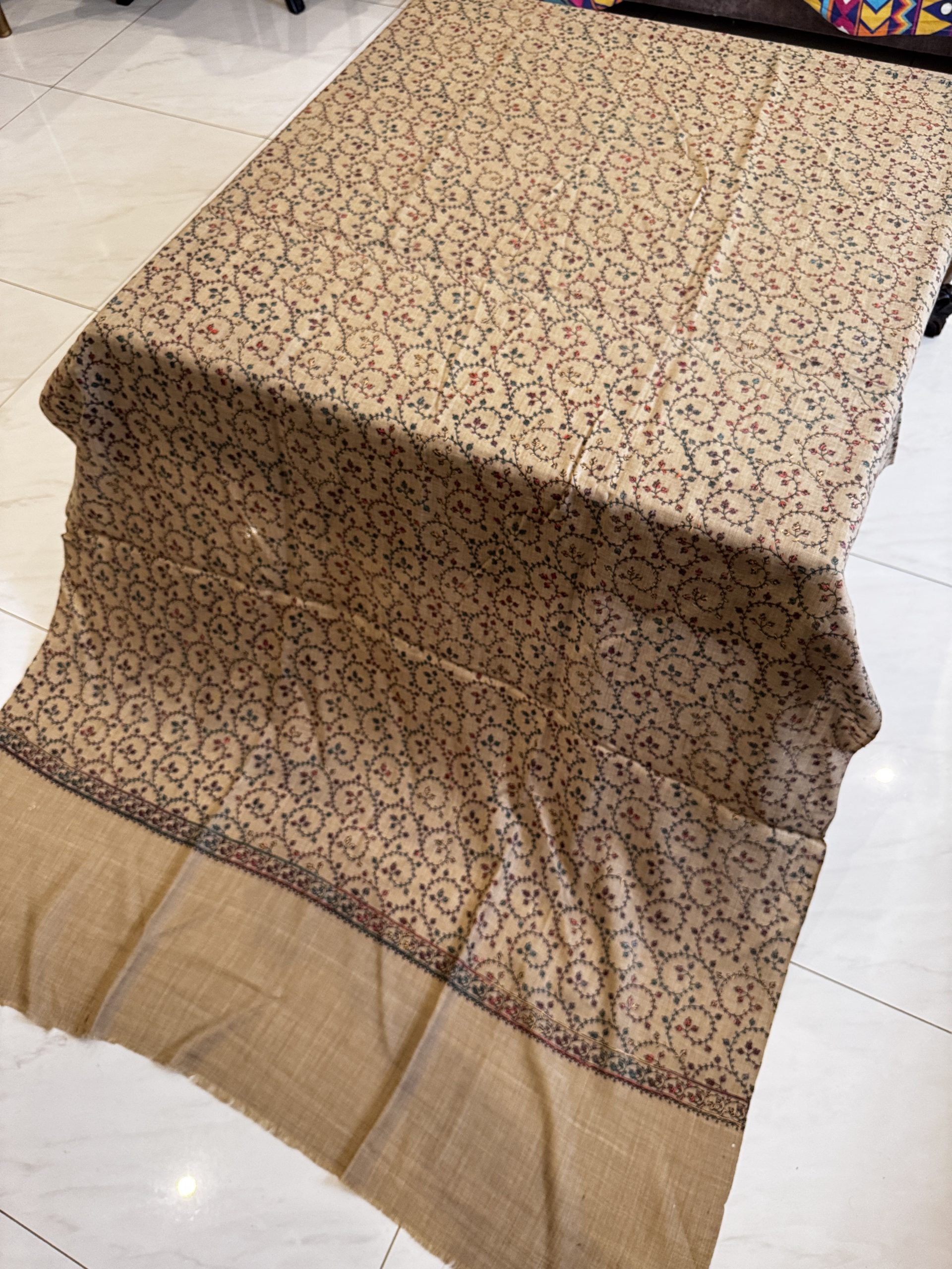 Timeless Harmony – Fully Embroidered Pashmina Shawl in Dark Beige (2.5 Yards) - Image 3