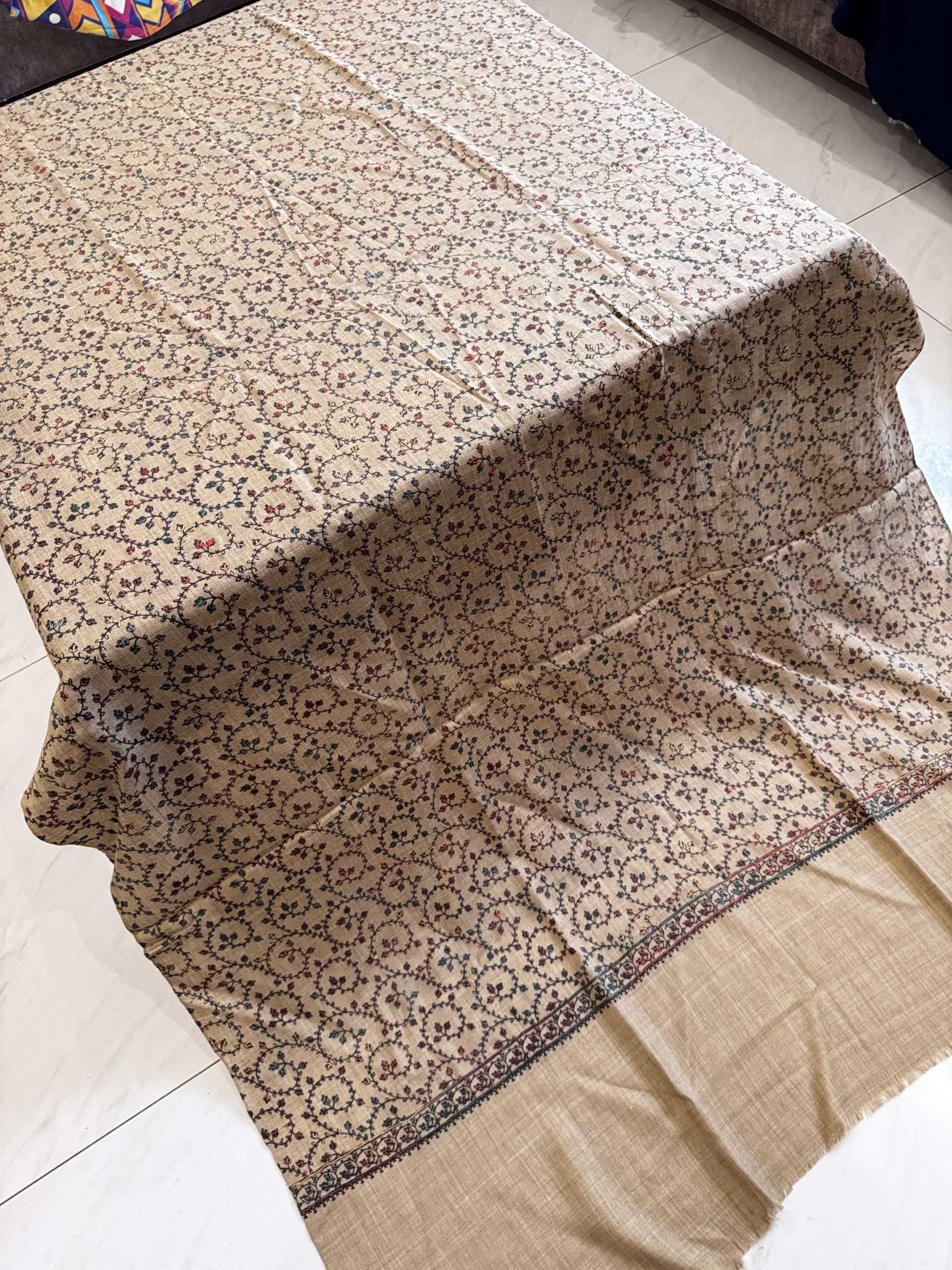 Timeless Harmony – Fully Embroidered Pashmina Shawl in Dark Beige (2.5 Yards) - Image 2
