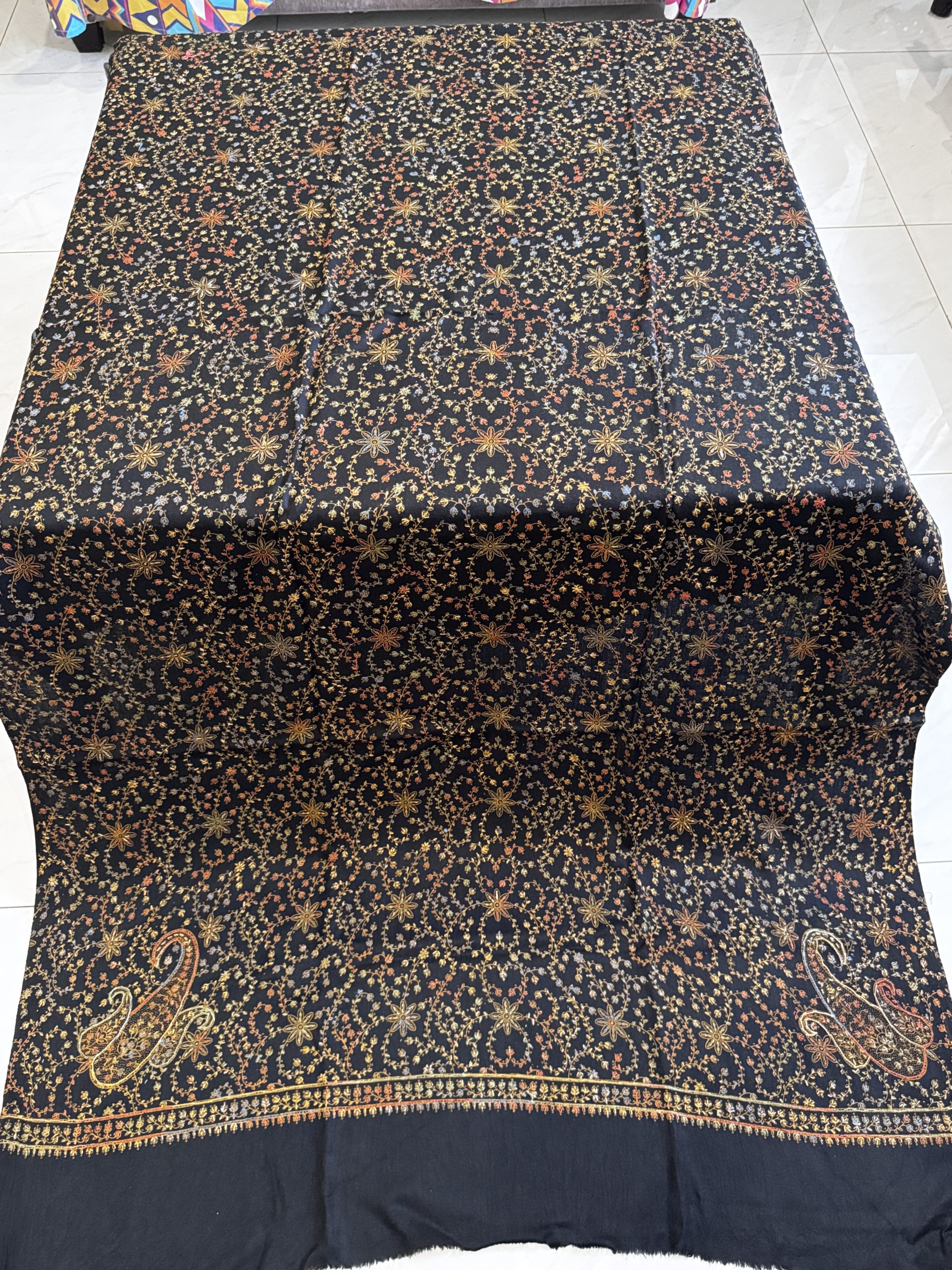 Noir Aura – Fully Embroidered Pashmina Shawl in Black (2.5 Yards) - Image 3