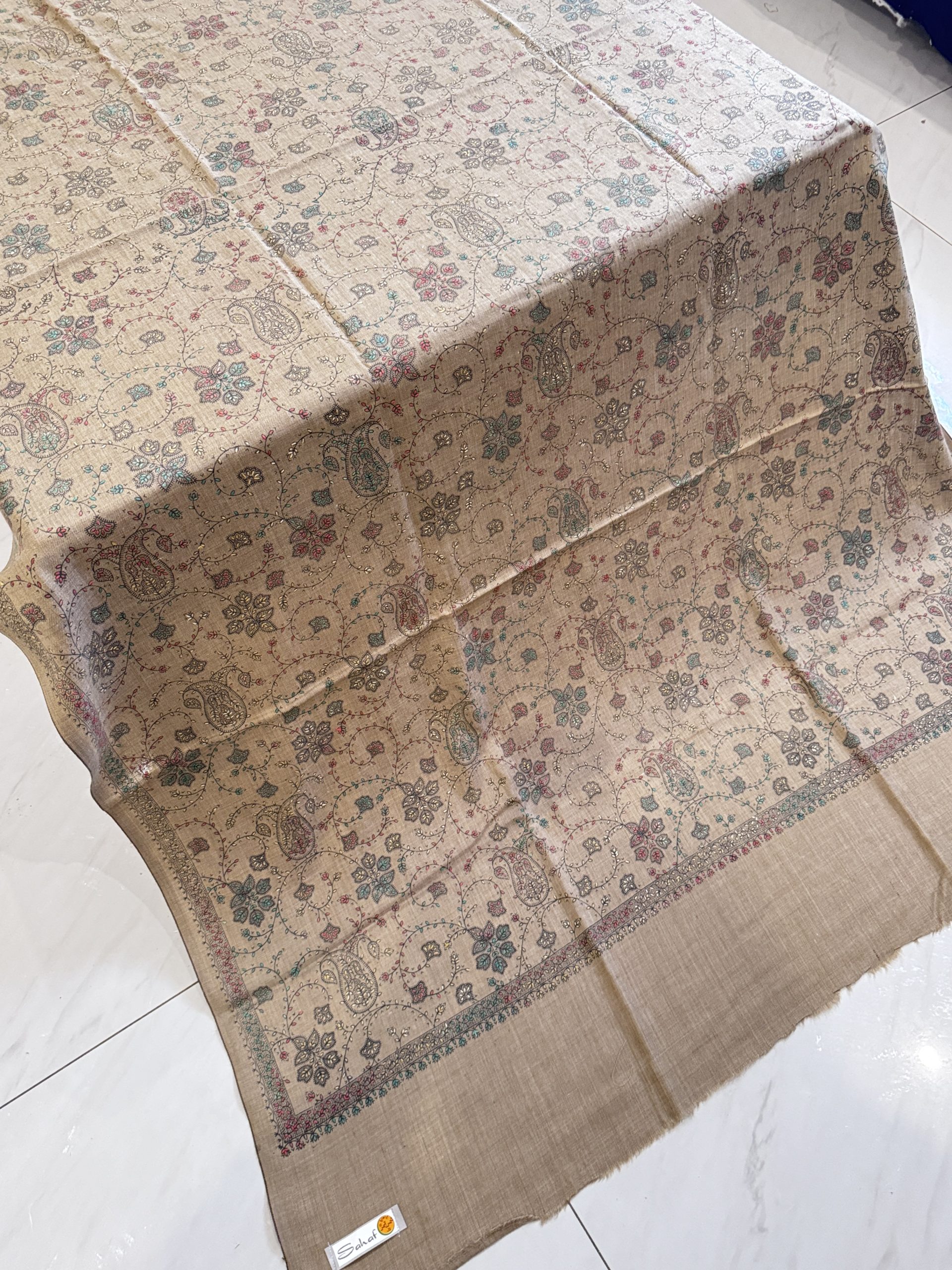 Zaria – Dark Beige Embroidered Pashmina Shawl (2.5 Yards) - Image 3