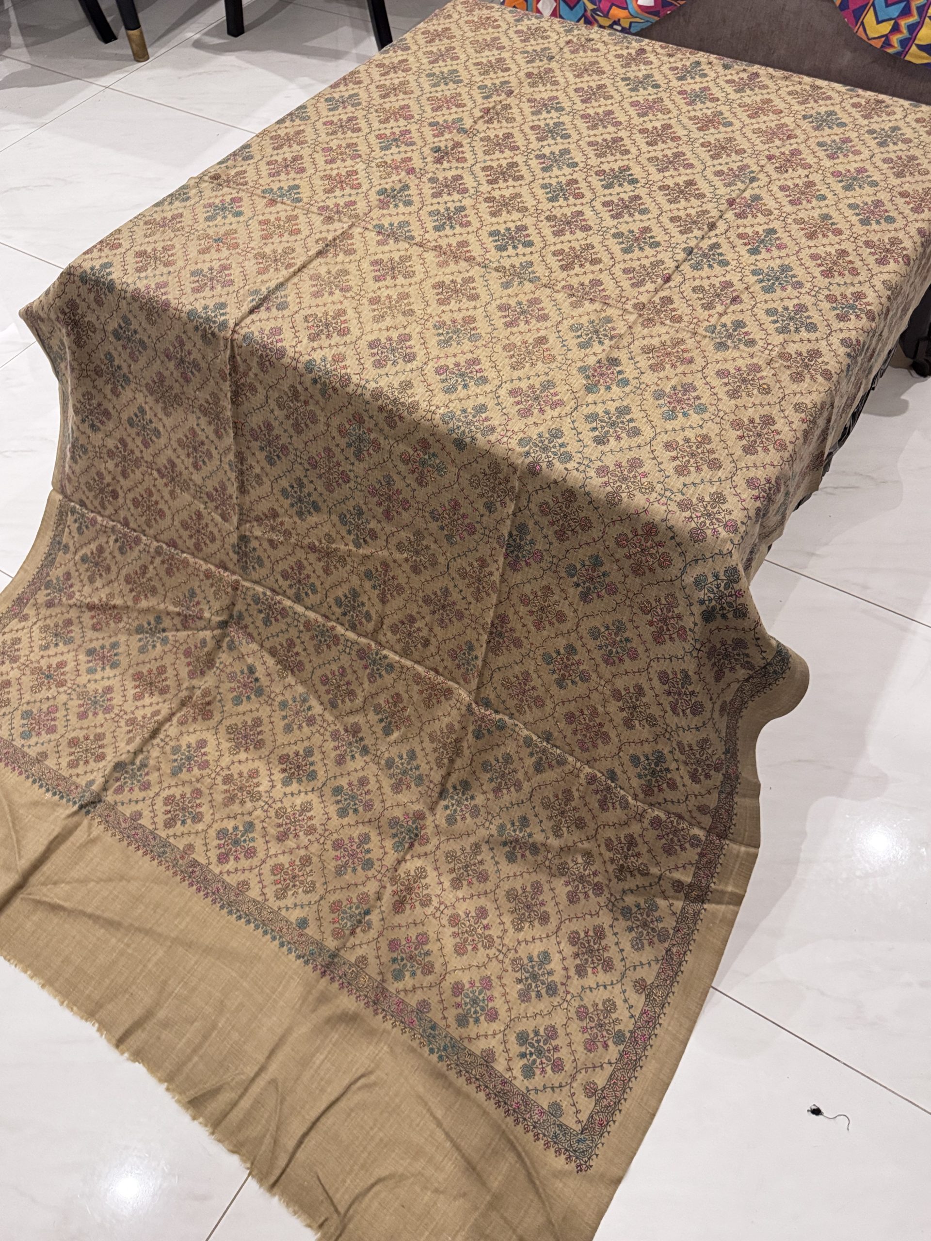 Ruqaya – Dark Brown Beige Embroidered Pashmina Shawl (2.5 Yards) - Image 3
