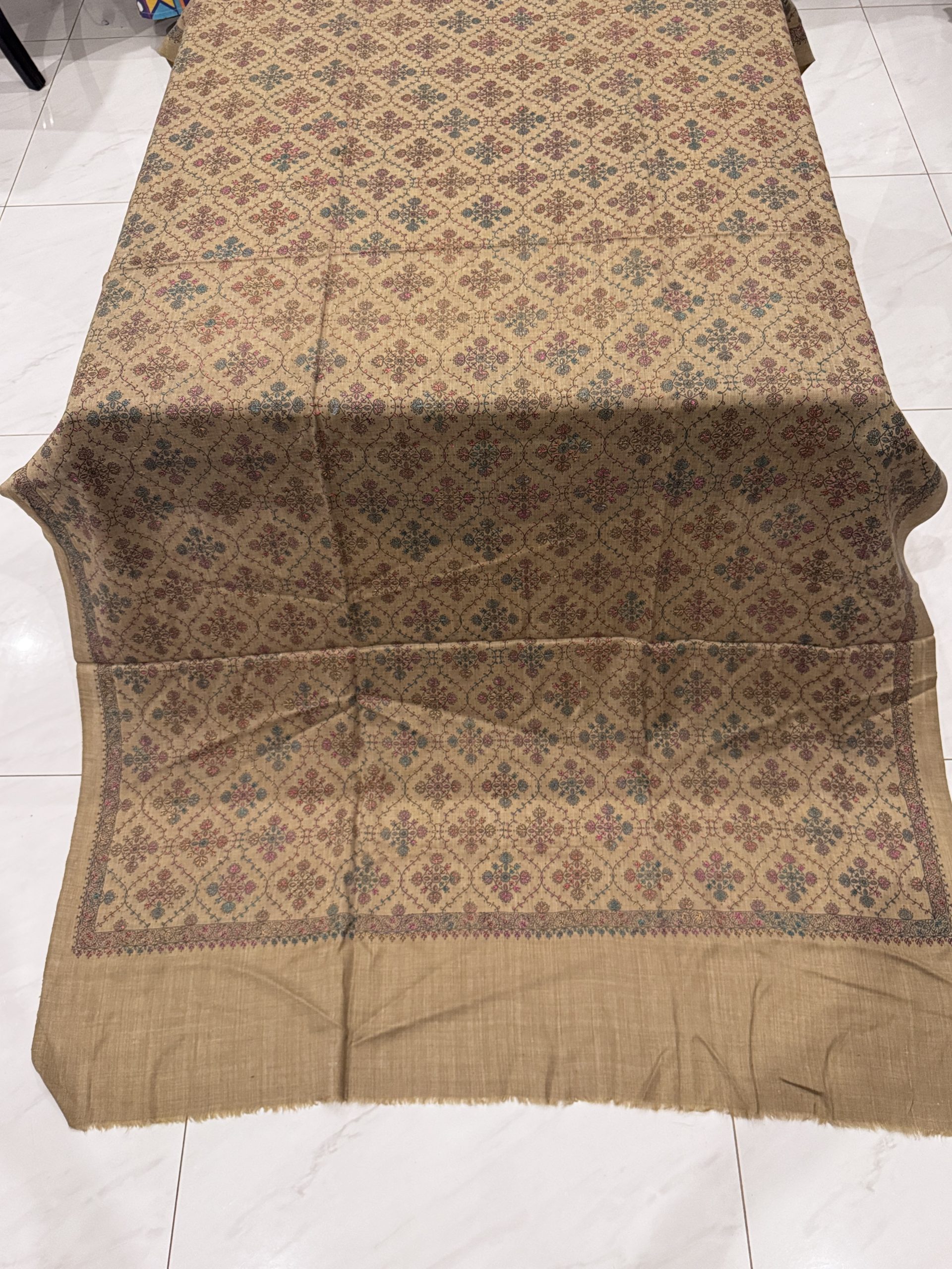Ruqaya – Dark Brown Beige Embroidered Pashmina Shawl (2.5 Yards)