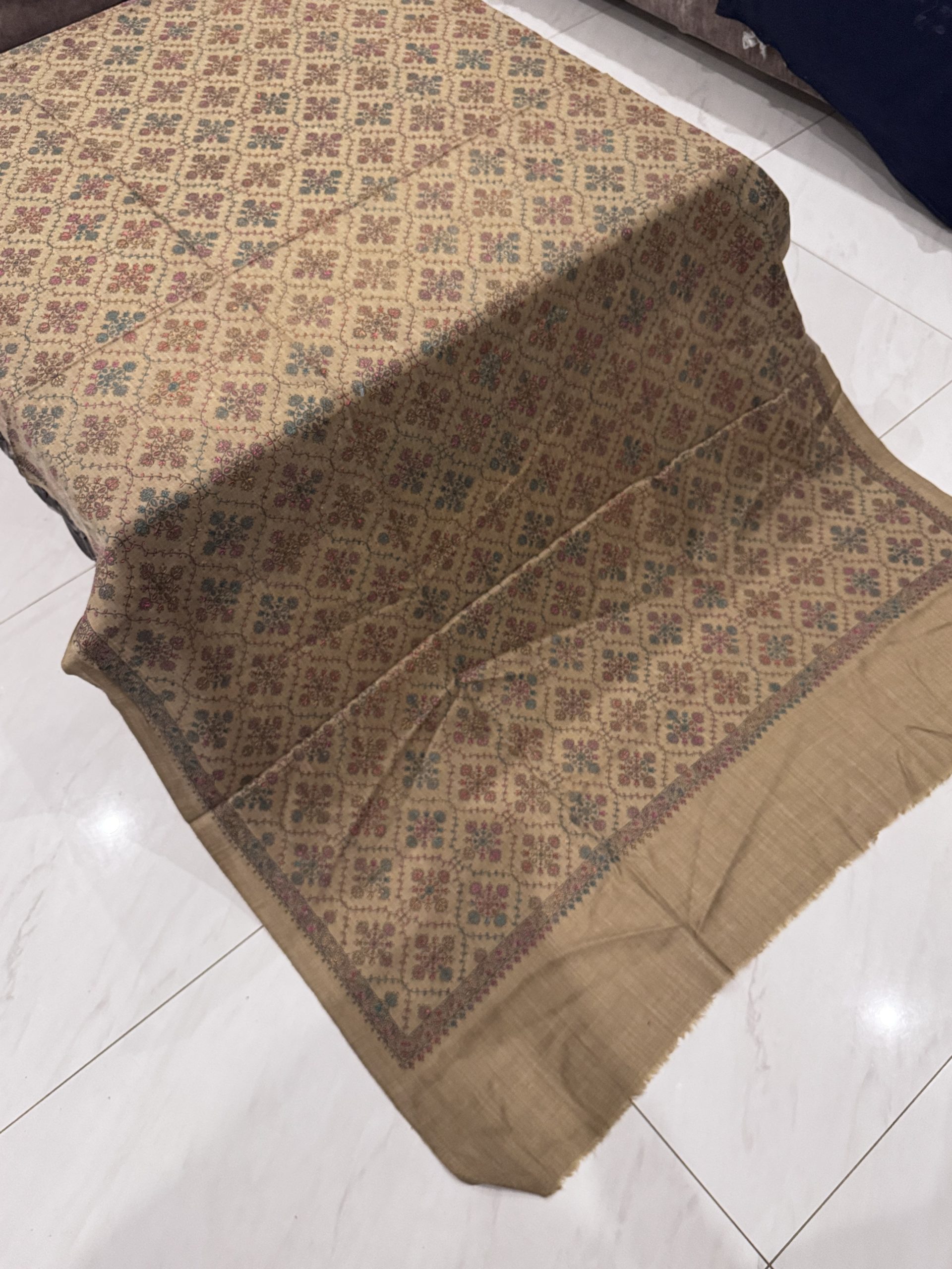 Ruqaya – Dark Brown Beige Embroidered Pashmina Shawl (2.5 Yards) - Image 2
