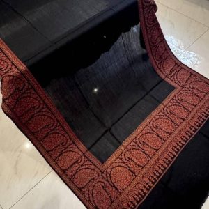 Noor-e-Kani – Black Jamawar Pashmina Shawl with Orangish Red Kani Border (2.5 Yards)