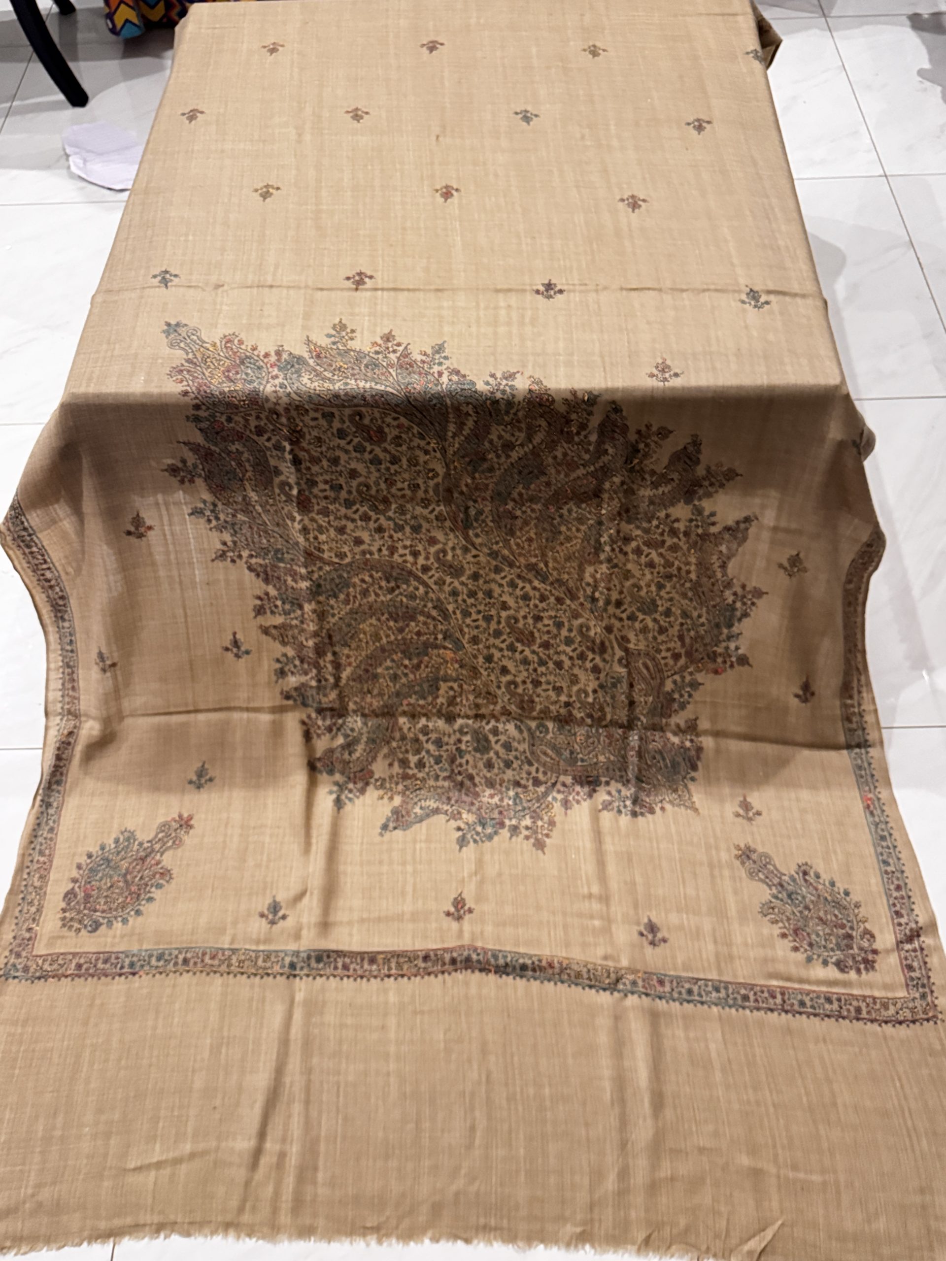 Arwa – Beige Pashmina Shawl with Classic Border & Central Leaf Motif (2.5 Yards) - Image 2