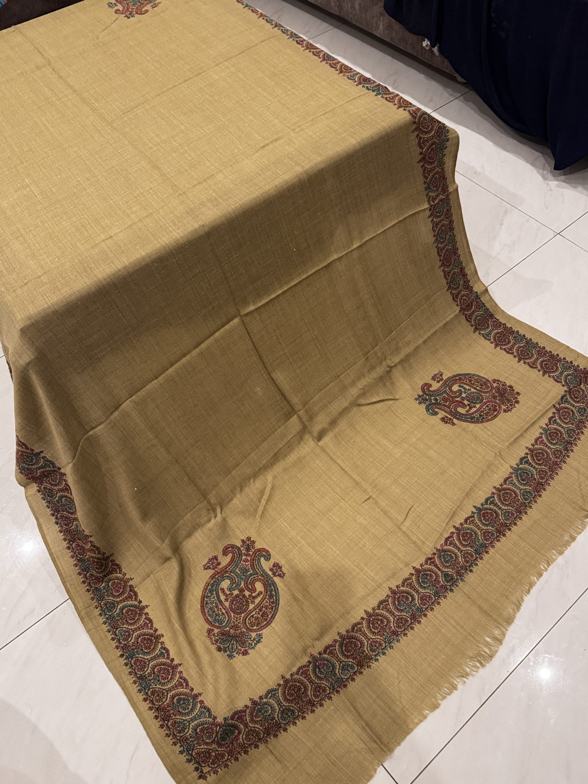 Nayla – Beige Pashmina Shawl with Classic Border Embroidery (2.5 Yards) - Image 3