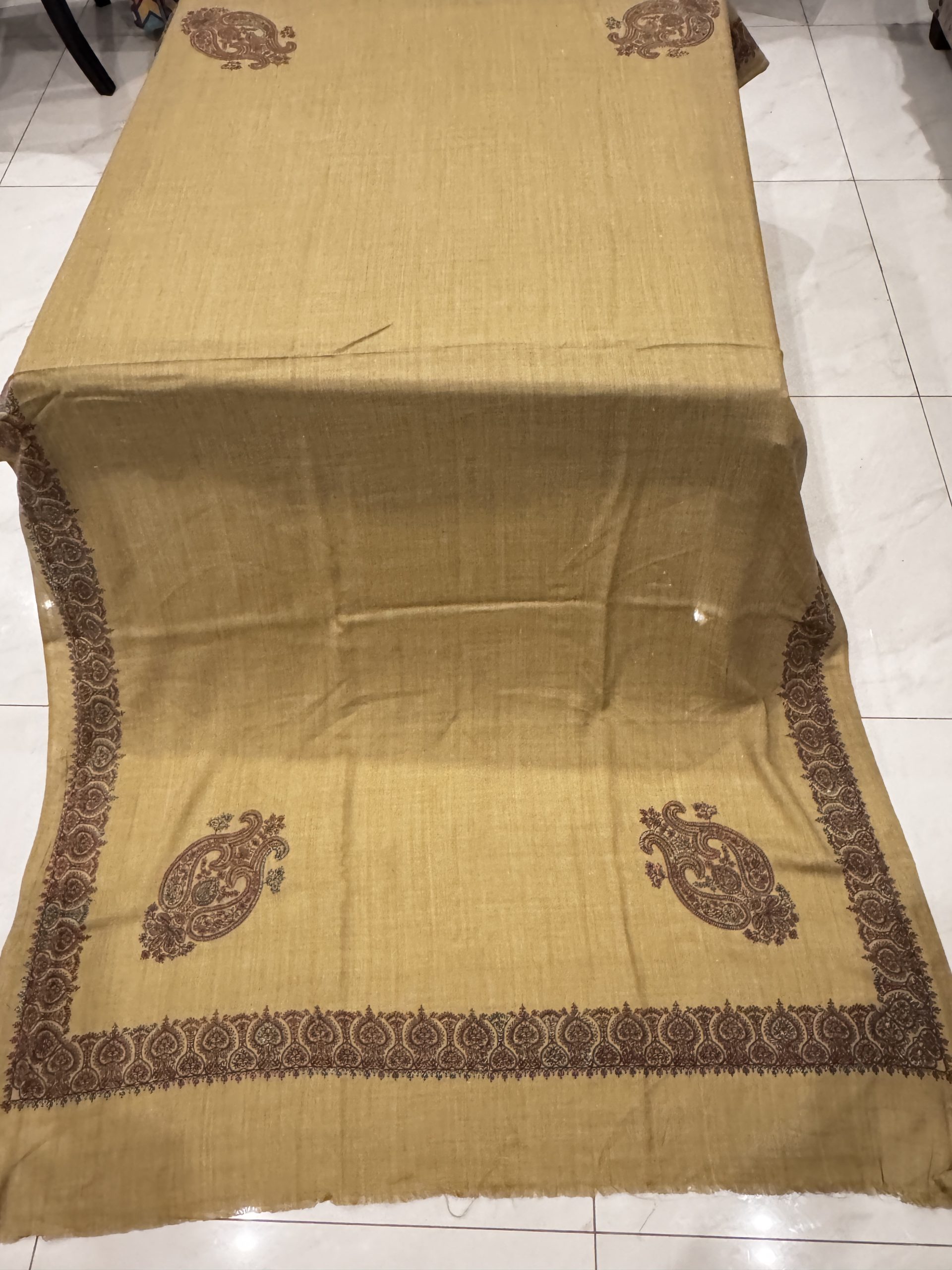 Hoorain – Dark Beige Pashmina Shawl with Classic Border Embroidery (2.5 Yards)