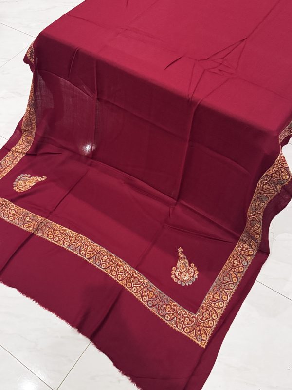 Nazneen – Classic Maroon Pashmina Shawl with Subtle Border Embroidery ...