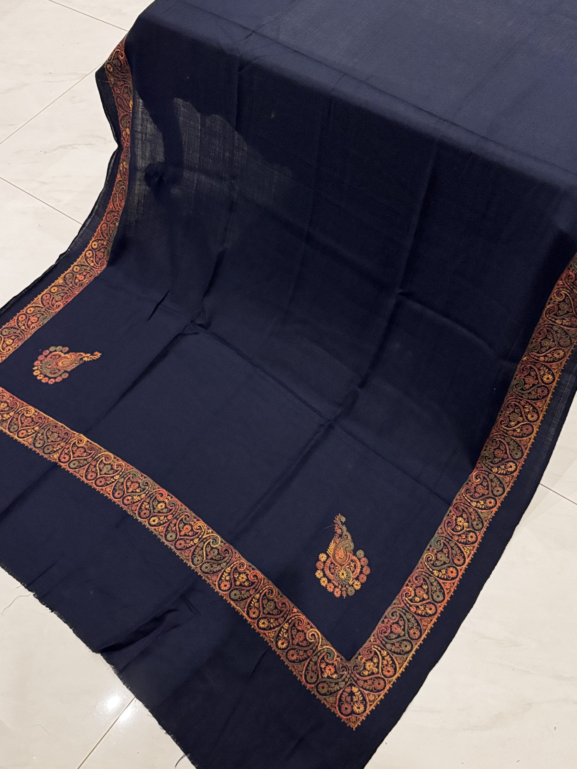 Emaan – Classic Navy Blue Pashmina Shawl with Subtle Border Embroidery (2.5 Yards) - Image 2