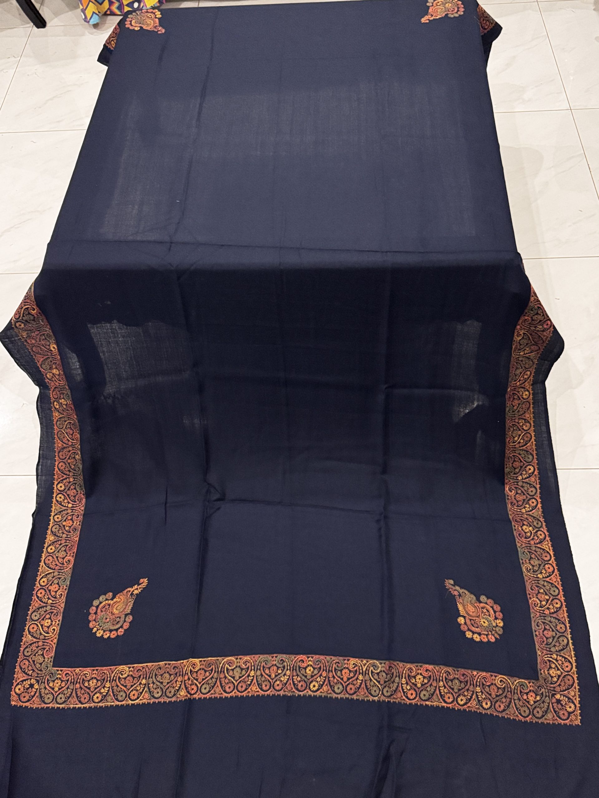 Emaan – Classic Navy Blue Pashmina Shawl with Subtle Border Embroidery (2.5 Yards)