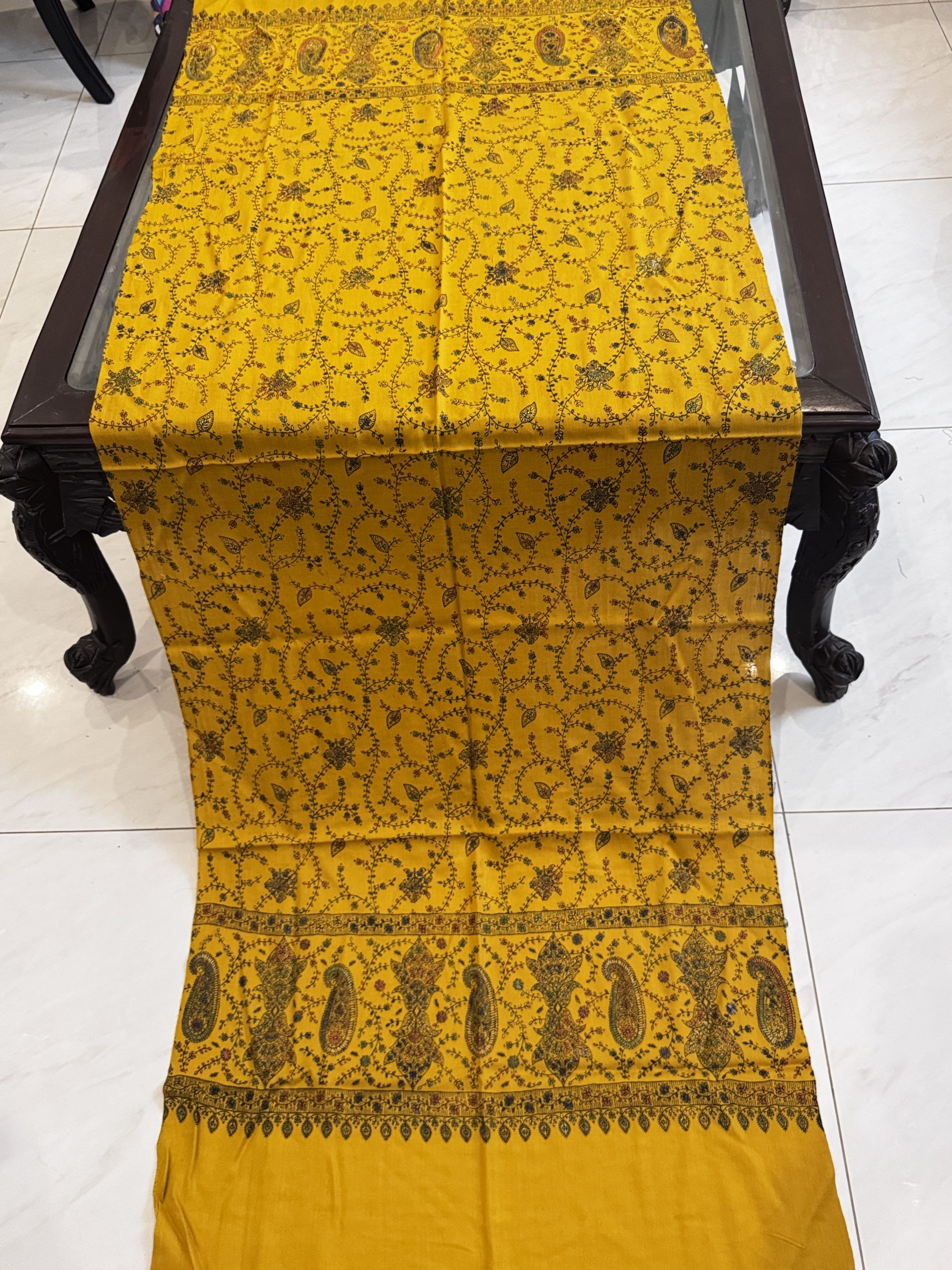 Mehwar – Full Embroidered Mustard Pashmina Stole (28x80 inches) - Image 2