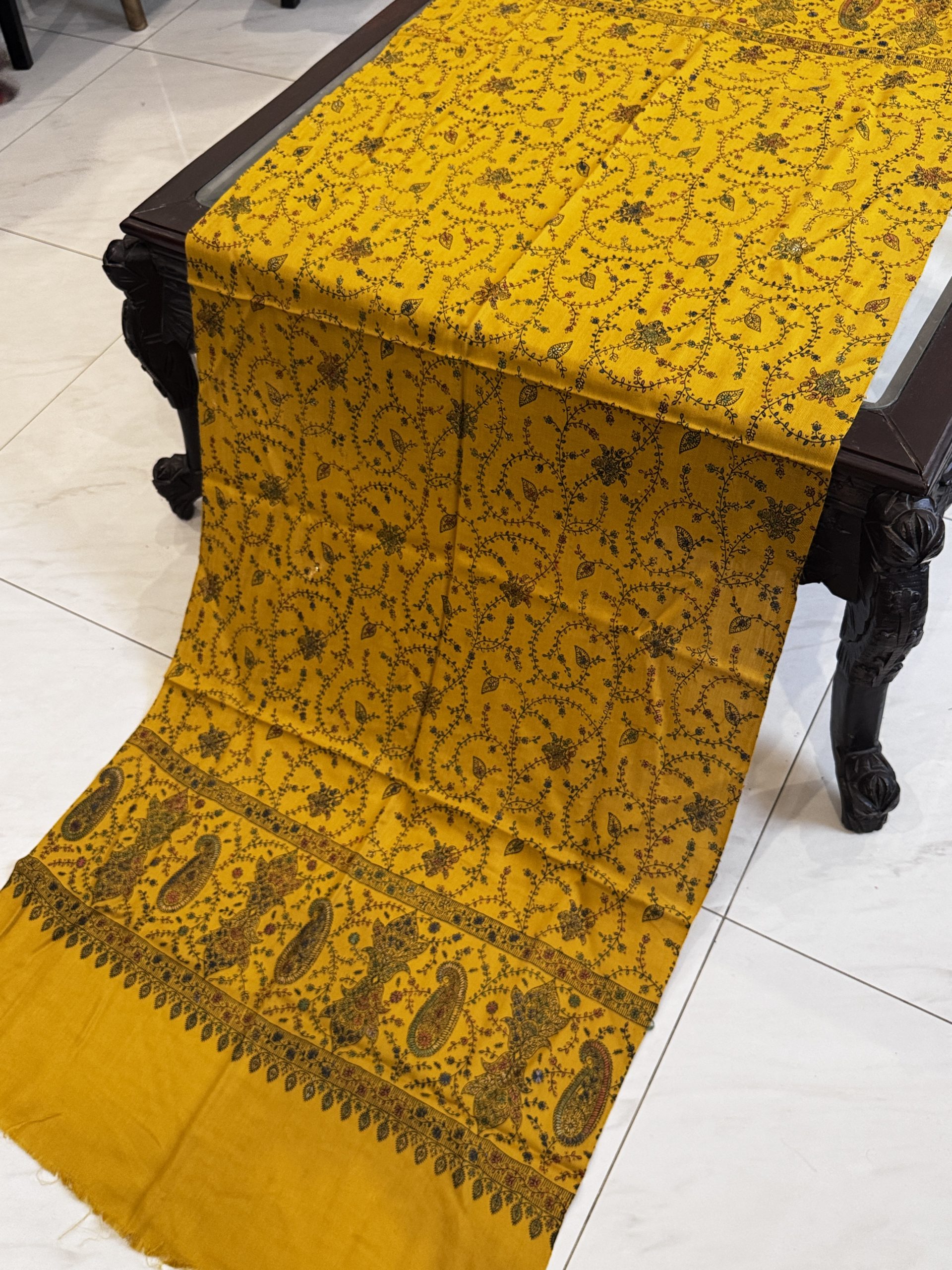 Mehwar – Full Embroidered Mustard Pashmina Stole (28x80 inches)