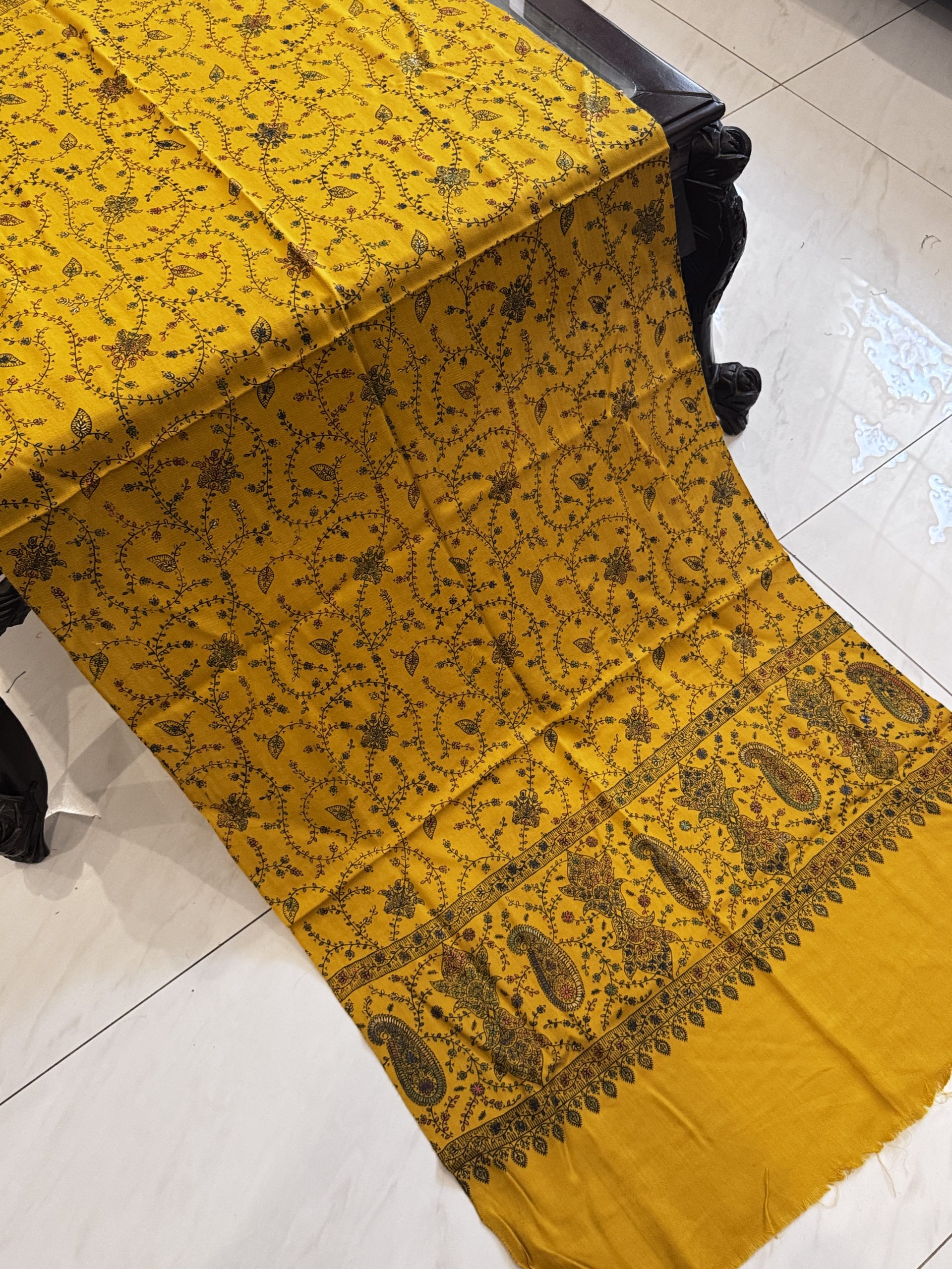 Mehwar – Full Embroidered Mustard Pashmina Stole (28x80 inches) - Image 3