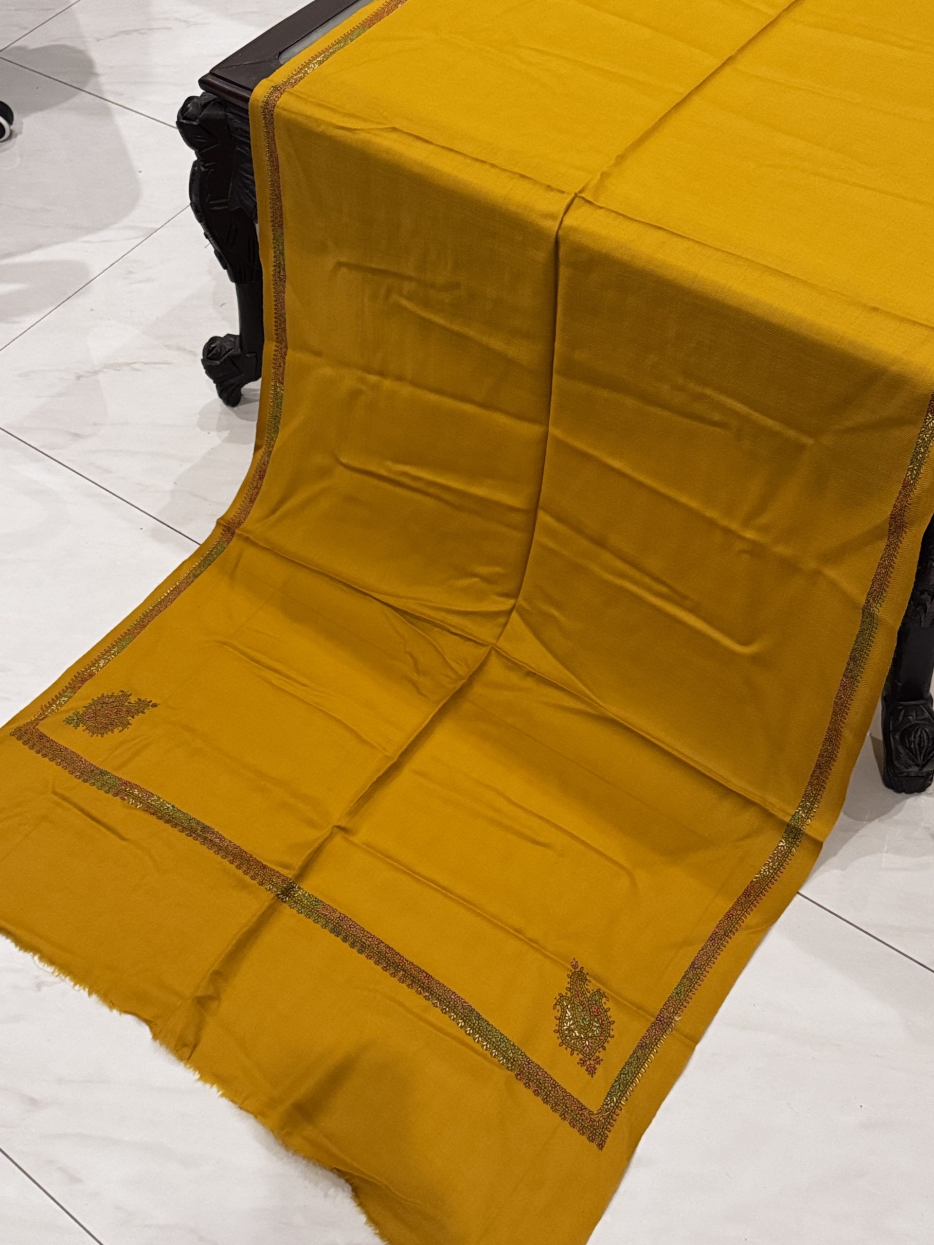 Mehnaz – Mustard Pashmina Stole with Kingri Border Embroidery (28x80 inches)