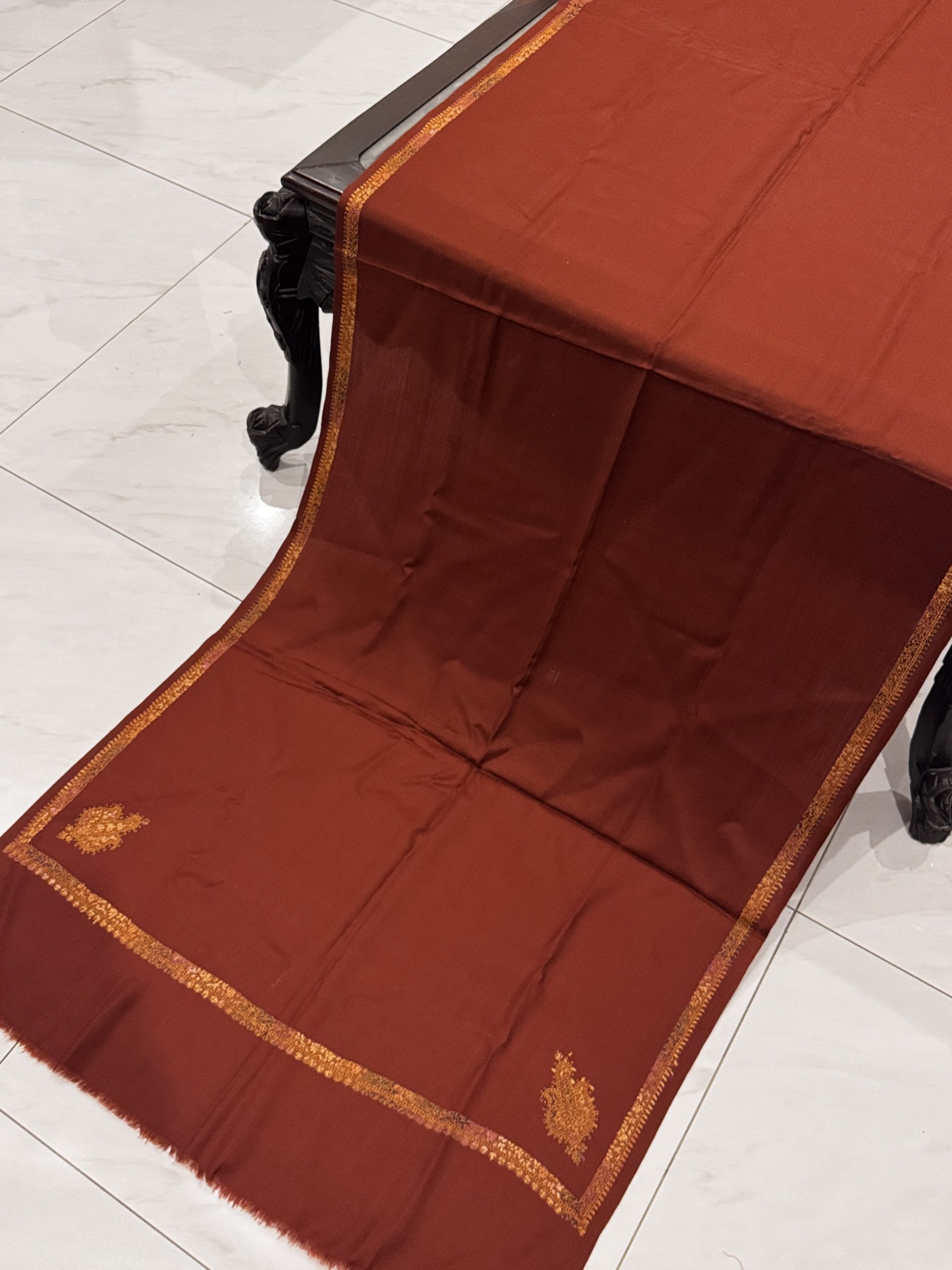 Sehrish – Rust Pashmina Stole with Kingri Border Embroidery (28x80 inches)