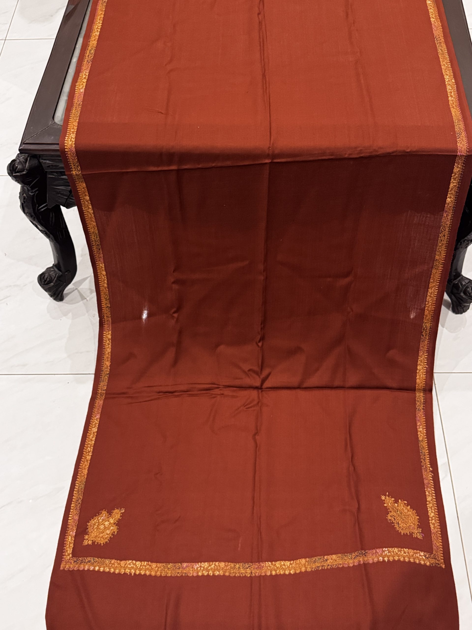 Sehrish – Rust Pashmina Stole with Kingri Border Embroidery (28x80 inches) - Image 2